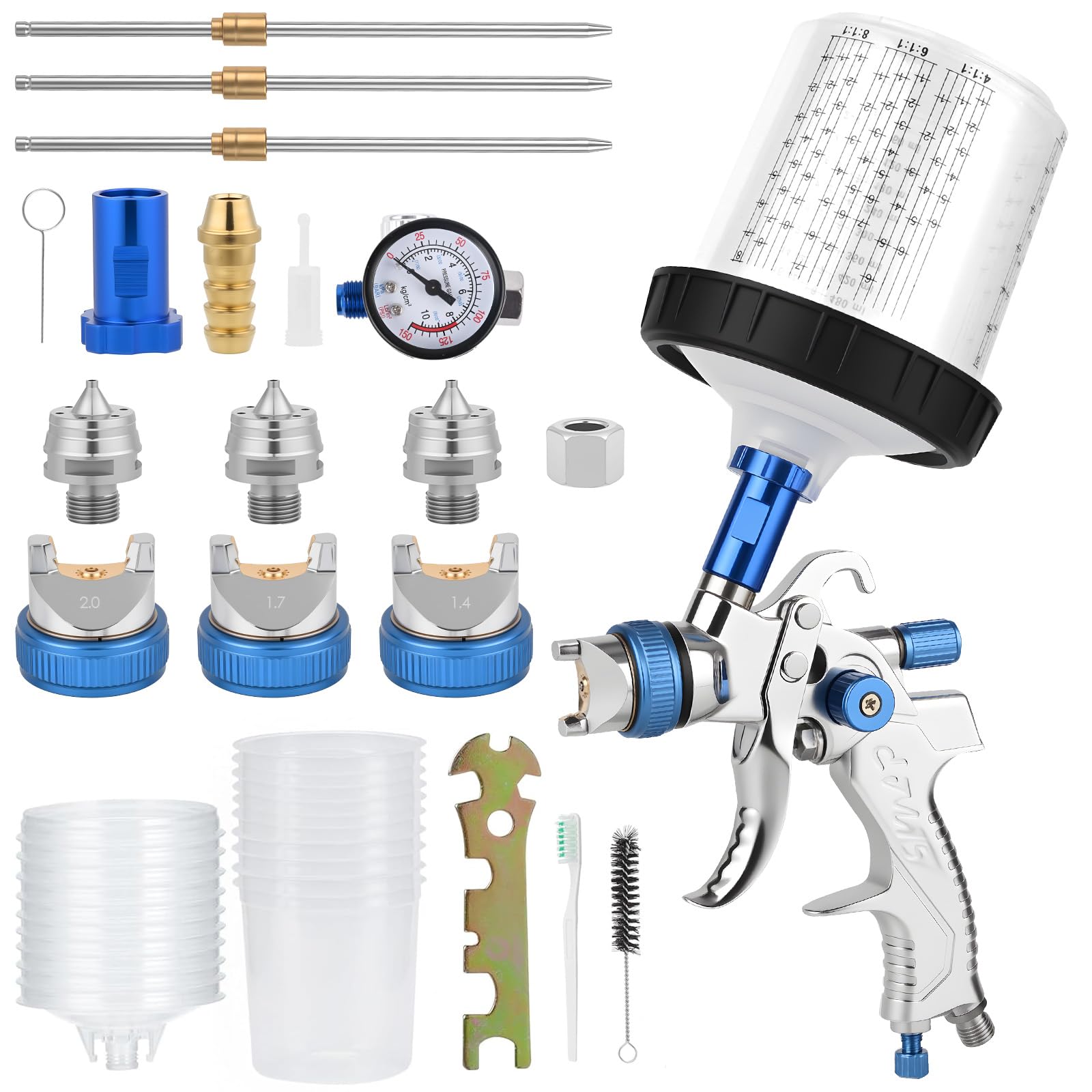 HVLP Lackierpistole Spritzpistole Kit mit 3 Düsen (1,4/1,7/2,0 mm), Profi Lackierpistole Druckluft mit 10 Stück 600ML Einwegbechern Spritzpistole Cups, einstellbarem Luftdruck & Fluss