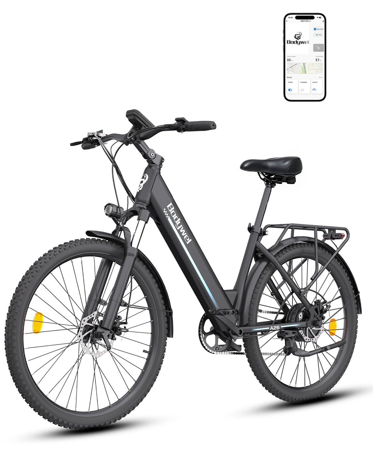 Bodywel A26 E-Bike Uomo 26 Pollici, Bicicletta Elettrica con Batteria Rimovibile 36V 13Ah, Autonomia 50-70km, Motore 250W, 7 Velocità, Freni a Disco Meccanici, E-Bike da Città