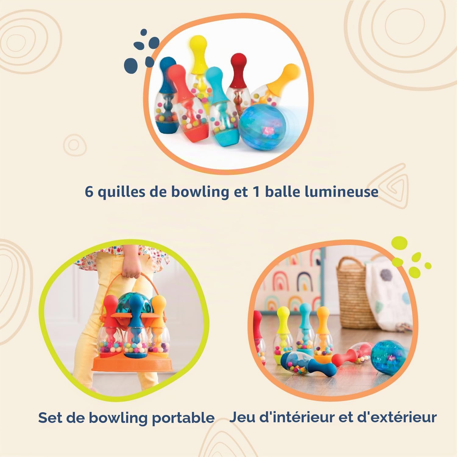B. toys - Let's Glow Bowling ! - Orange - Jeu de quilles - 6 quilles et 1 Boule Lumineuse - Jeu d'intérieur et d'extérieur - Ensemble de Jeux pour Tout-Petits et Enfants - 2 Ans et +