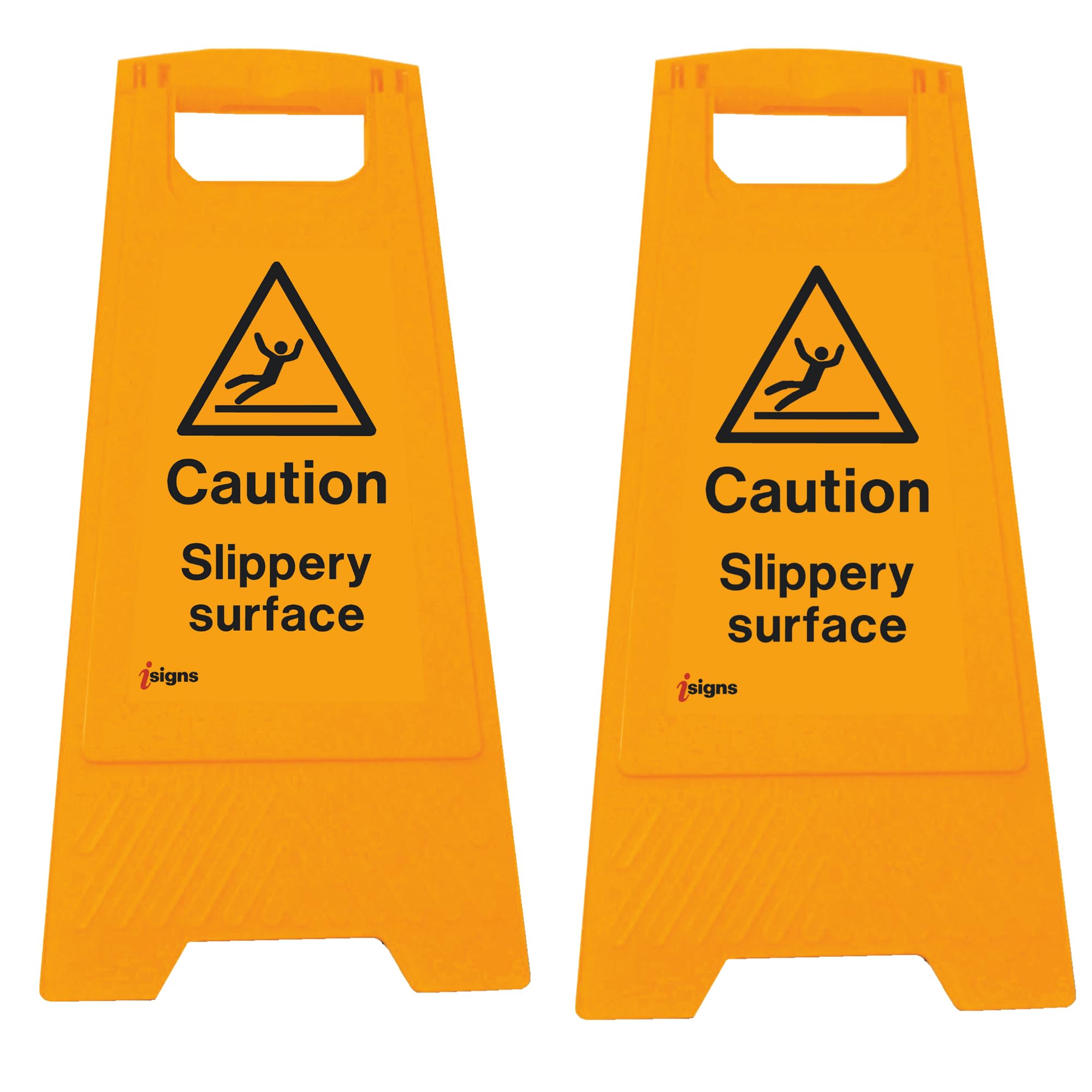 iSigns Floor Signs (Caution Slippery Surface) Free-Standing Danger Sign for Factories, Warehouses and More, A-Frame Site Safety Sign, 300x575mm Caution Sign (Pack of 2)