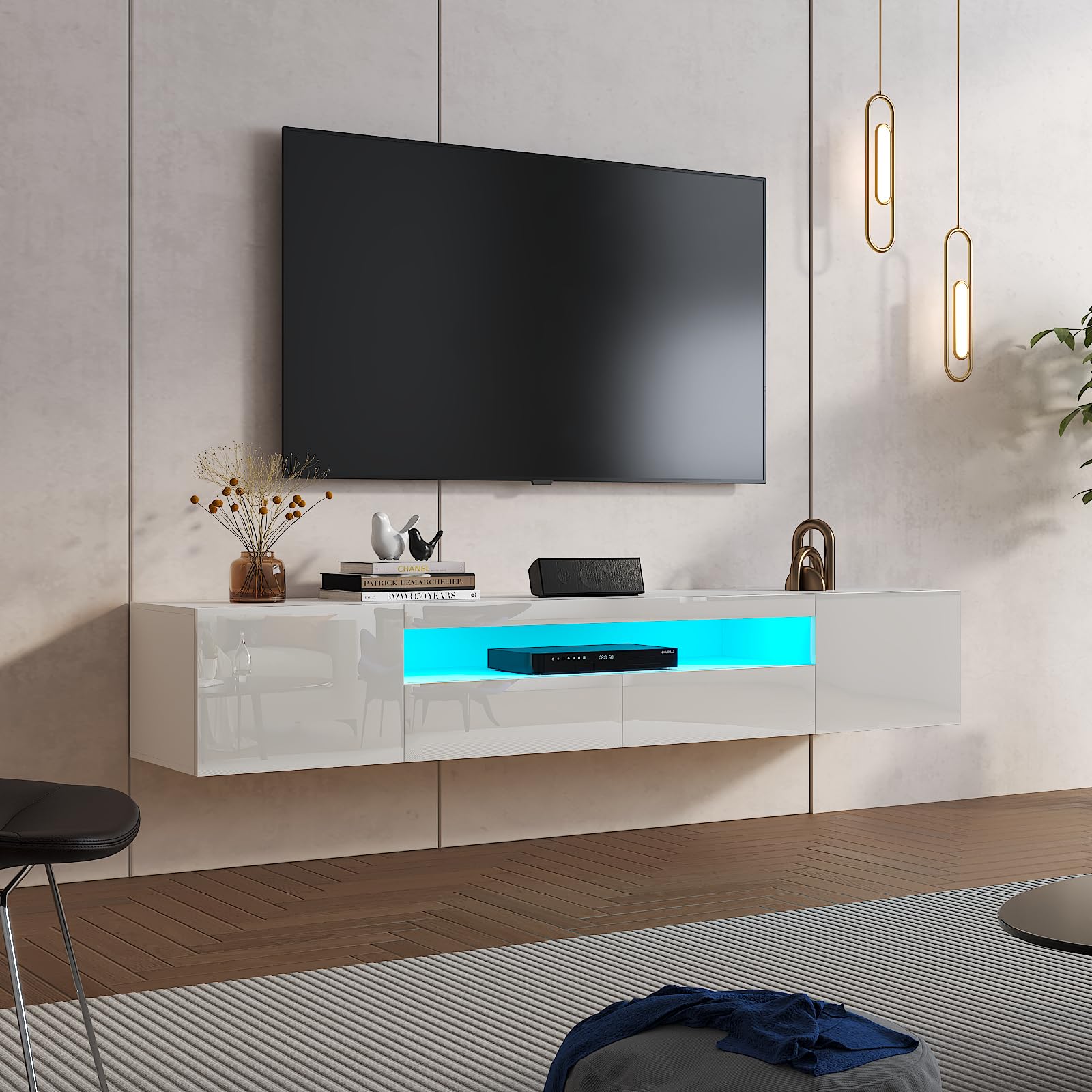 KEEPREAPER Floating TV Stand for 55 65 70 75 78 85 inch TV, Entertainment Center with LED Light and Storage Cabinet High Gloss Media TV Console Shelf for Wall for Living Room Bedroom (White) — image 1