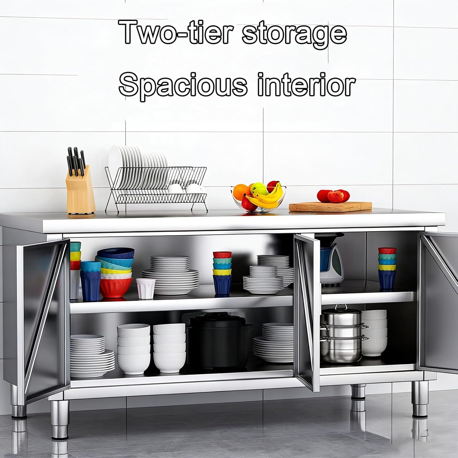 Commercial Stainless Steel Workbench 3-Door Storage Cabinet Recessed Door Handles Thickened Shelves Kitchen Work Table Adjustable Legs Suitable for Dining Rooms and Garages