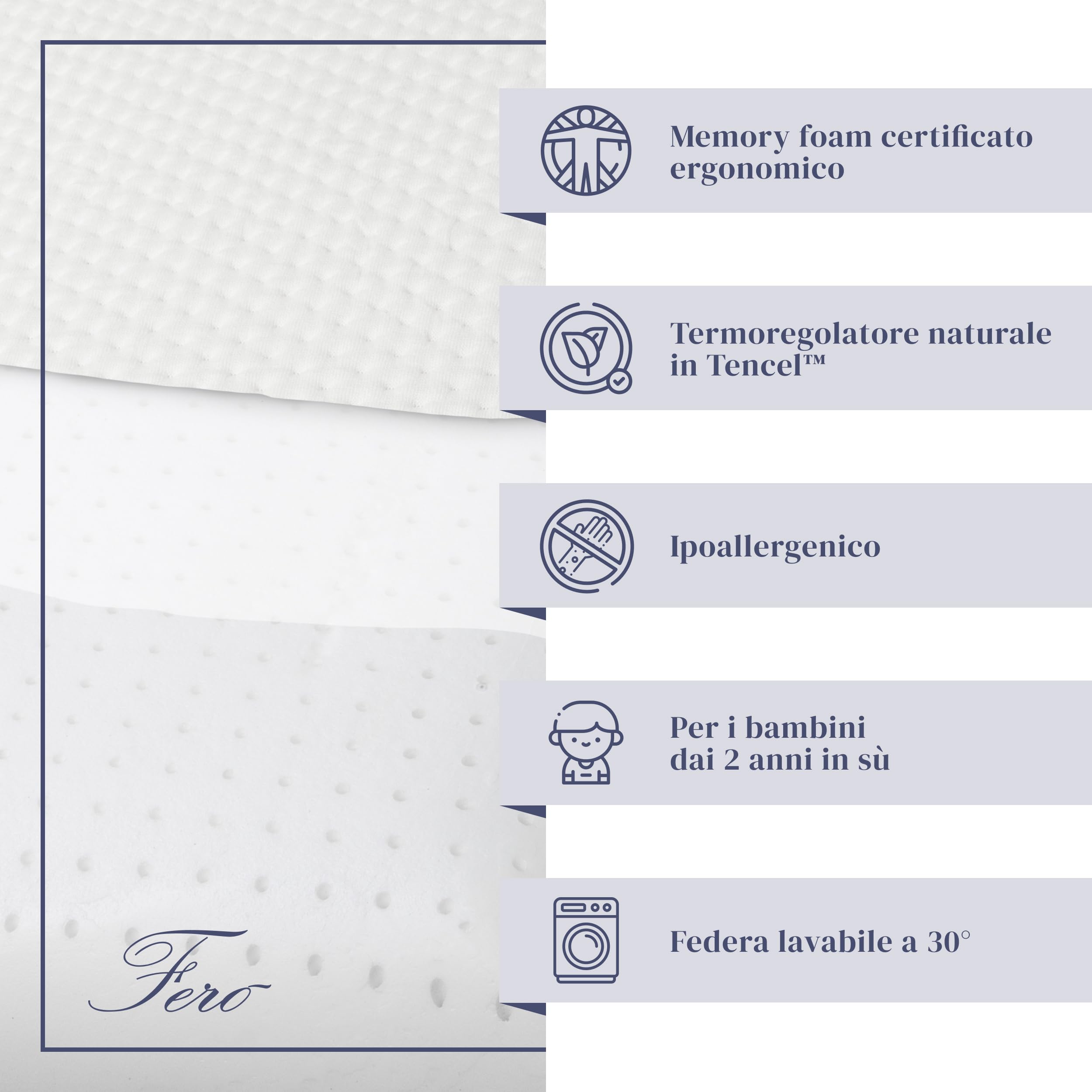 Ferò Cuscino Lettino Bambino 60x40x6 in TENCEL Ipoallergenico – Cuscino bambino 2 anni in su - Comfort e Sicurezza per il Sonno Tranquillo – Morbido e Traspirante Memory Foam Naturale OEKO-TEX
