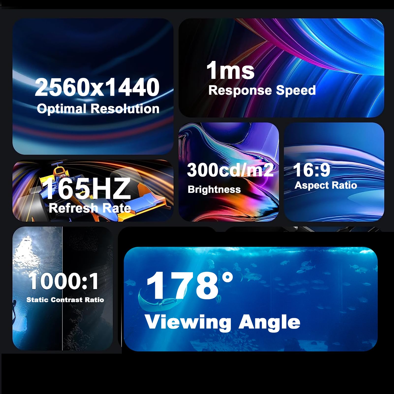 HUIOP Monitor do gier 2K 27 cali LED 2560x1440 165Hz 1ms Monitor na biurko ochrona oczu panel IPS 16:9 o wysokiej przejrzystości 300cd/m2