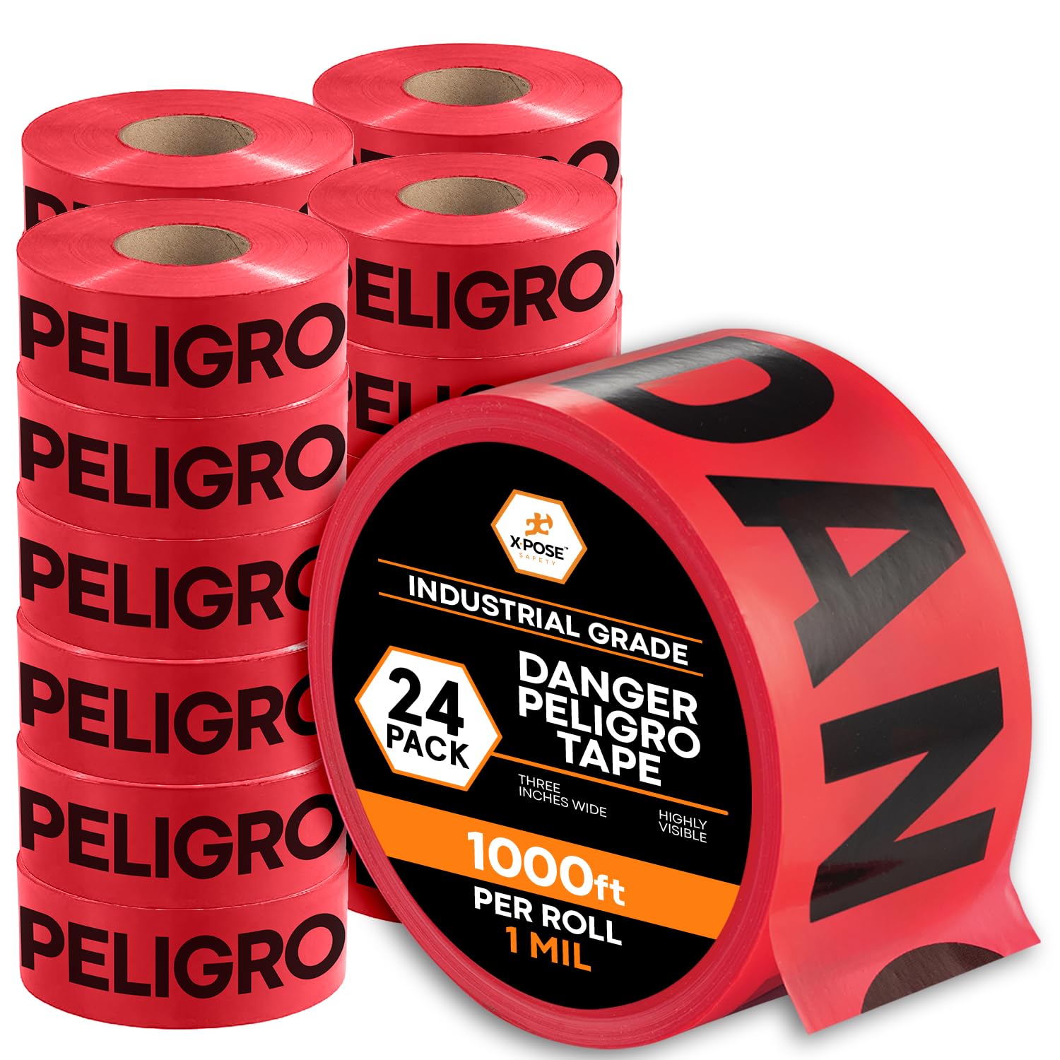 Xpose Safety Red Danger/Peligro Do Not Enter Tape – Bulk (24 Rolls) – 3" x 1000' High-Visibility Barricade Tape for Construction Sites, Hazards, Crime