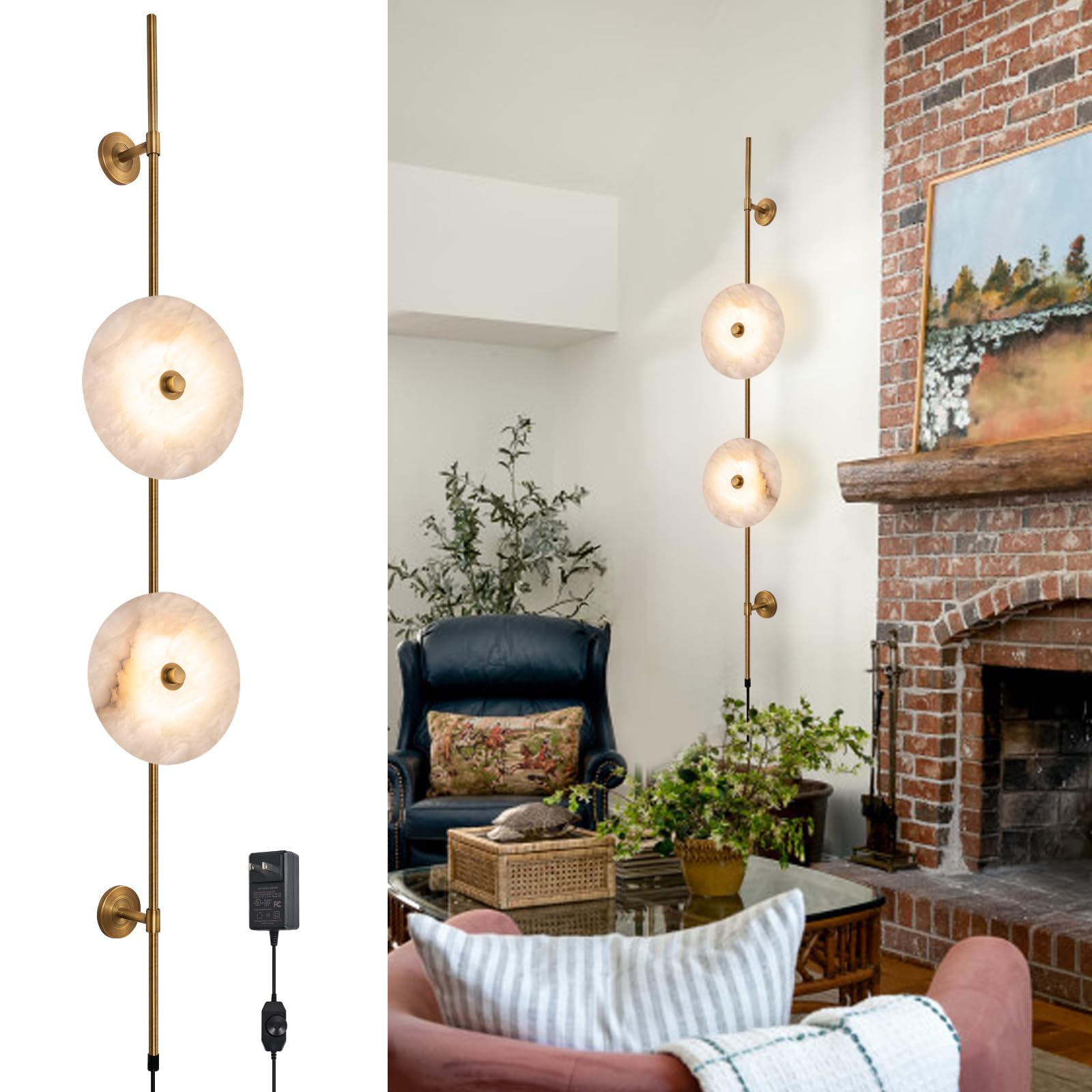 Photo 1 of ylinksee Alabaster Wall Sconce, Round Natural Marble Plug in Wall Sconce Lamp Cord with Knob Dimmer Switch, Indoor LED Modern Wall Lamp for Bedroom, Stairs, Living Room, Bedside, Hallway (Bronze