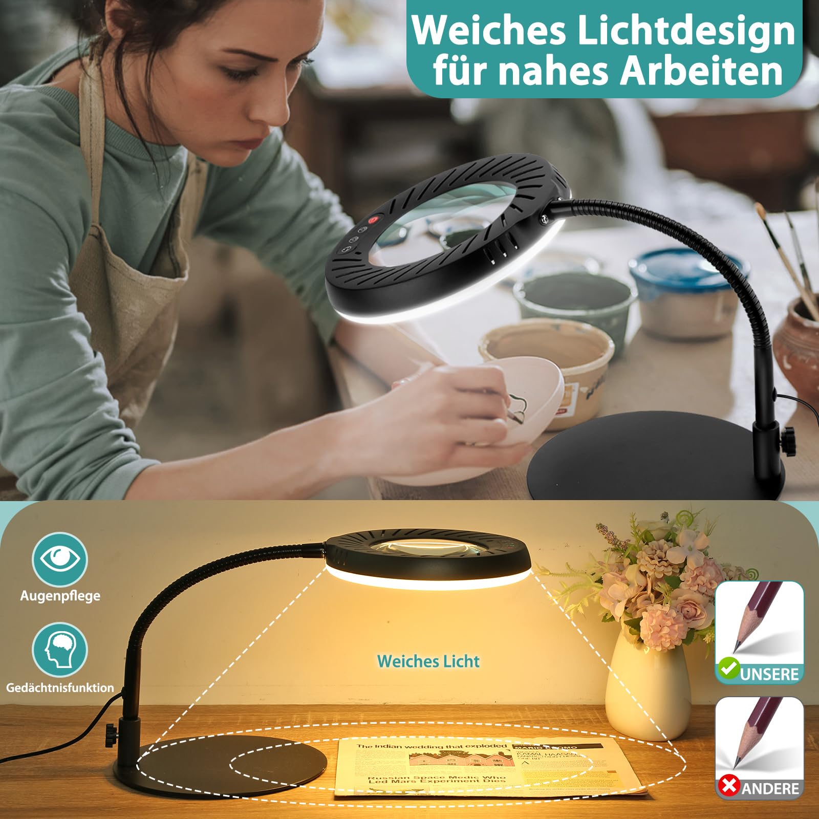 12X Lupe mit Licht und Ständer, 5 Farbmodi Dimmbar, Flexible Schwanenhals LED Schreibtischlampe Hände Frei für Malerei, Kunsthandwerk, Hobby, Nähen, Schließen Arbeit
