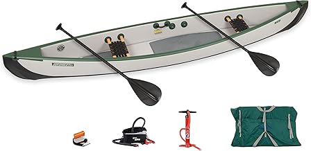 Sea Eagle TC16 Inflatable 16’ High Pressure Drop Stitch Travel Canoe-Wood Web Seats, Pump, Bag and Optional Paddles for Lakes, Rivers & Bays-Easy to Transport, Pack & Stow (TC16 Startup Package)