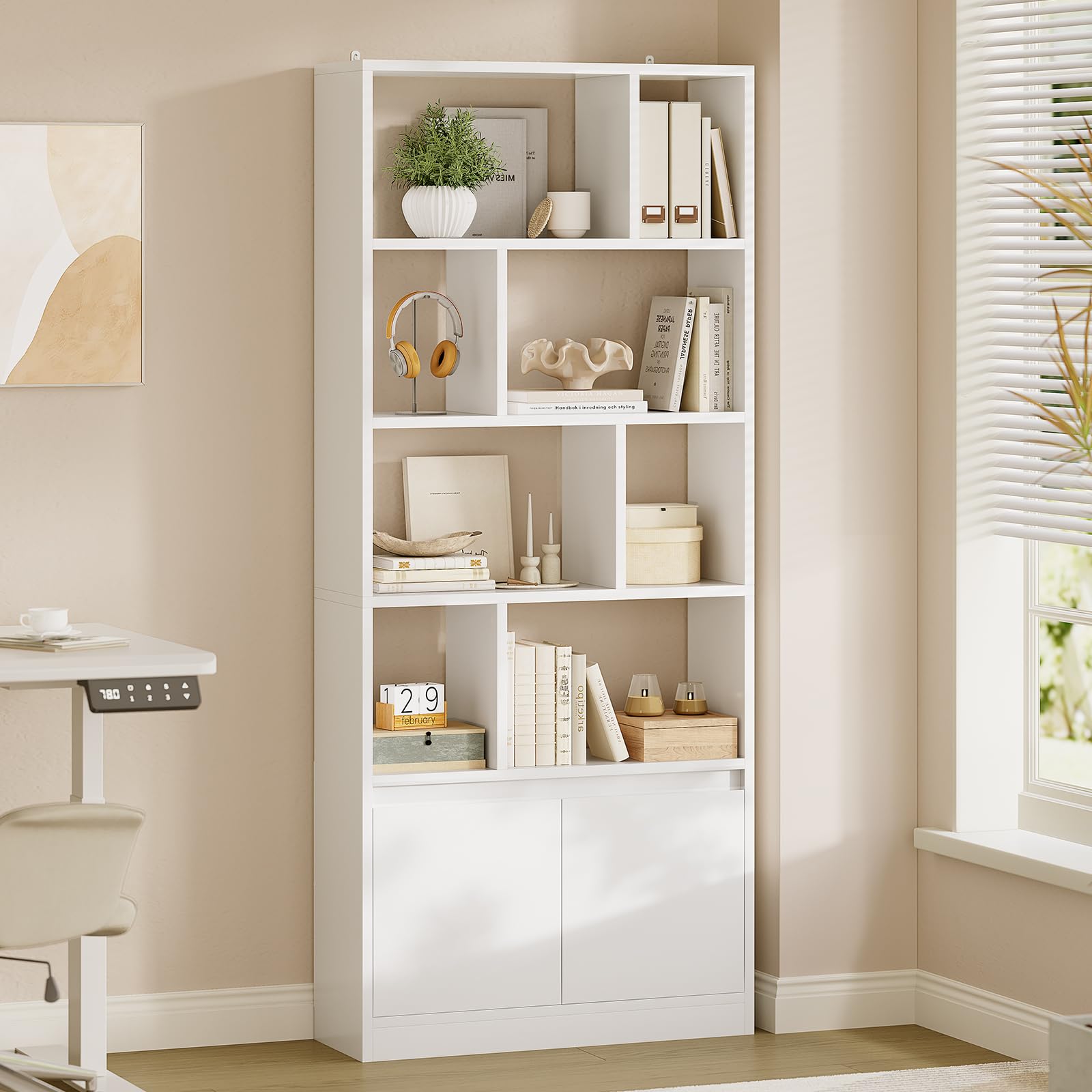 Bibliothèque à 4 Niveaux avec Portes, Présentoir, Meuble de Rangement avec 1 Armoire et 6 Compartiments Ouverts pour Salon, Chambre, Bureau, 24 x 60 x 155 cm, Blanc