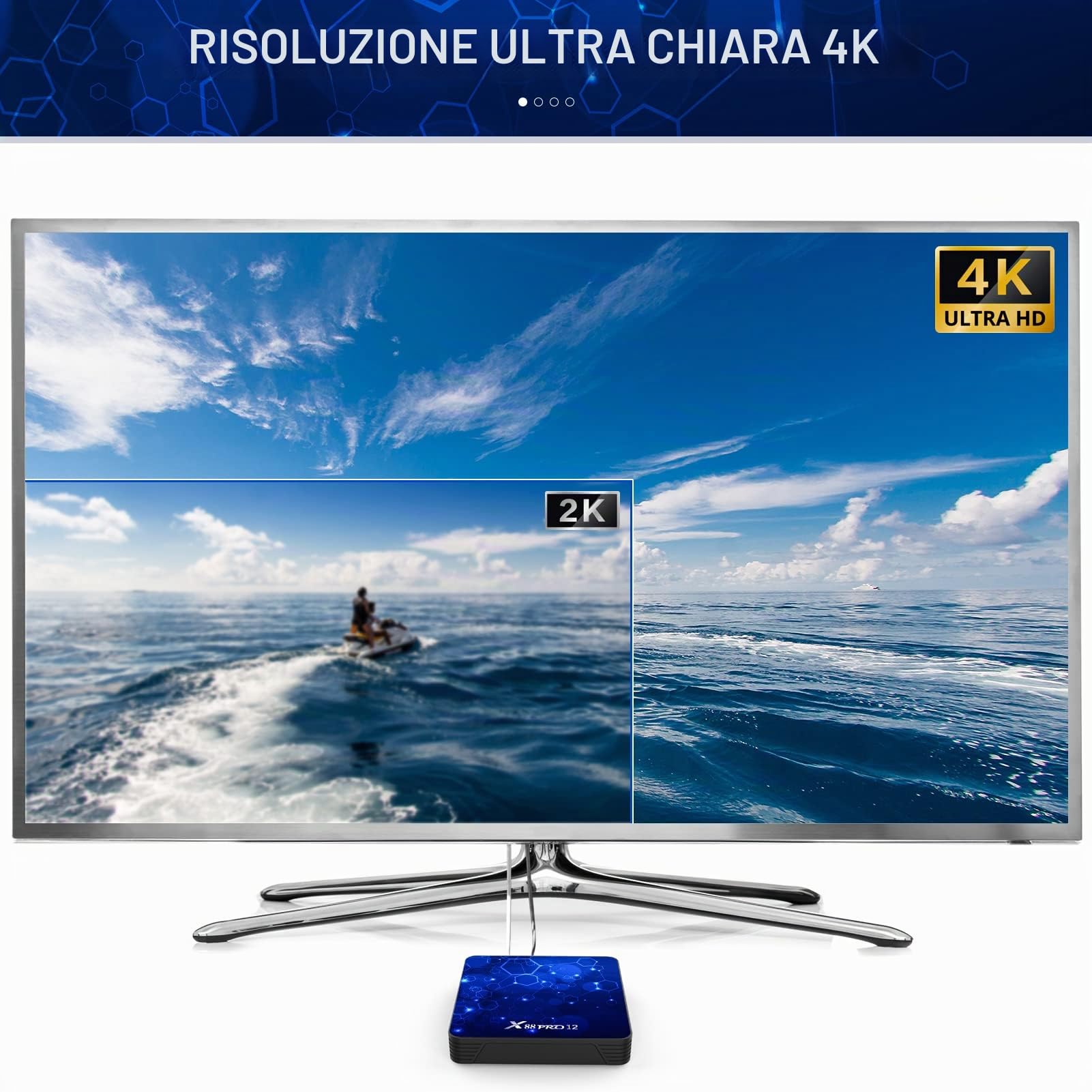 Android 12.0 TV Box, 4 GB di RAM 32 GB di ROM Android TV Box RK3318 Quad-Core 64bit Cortex-A53 Supporto 2.4G/5G WiFi 6 Bluetooth 5.0 Risoluzione UHD 4K/3D Porta USB 3.0