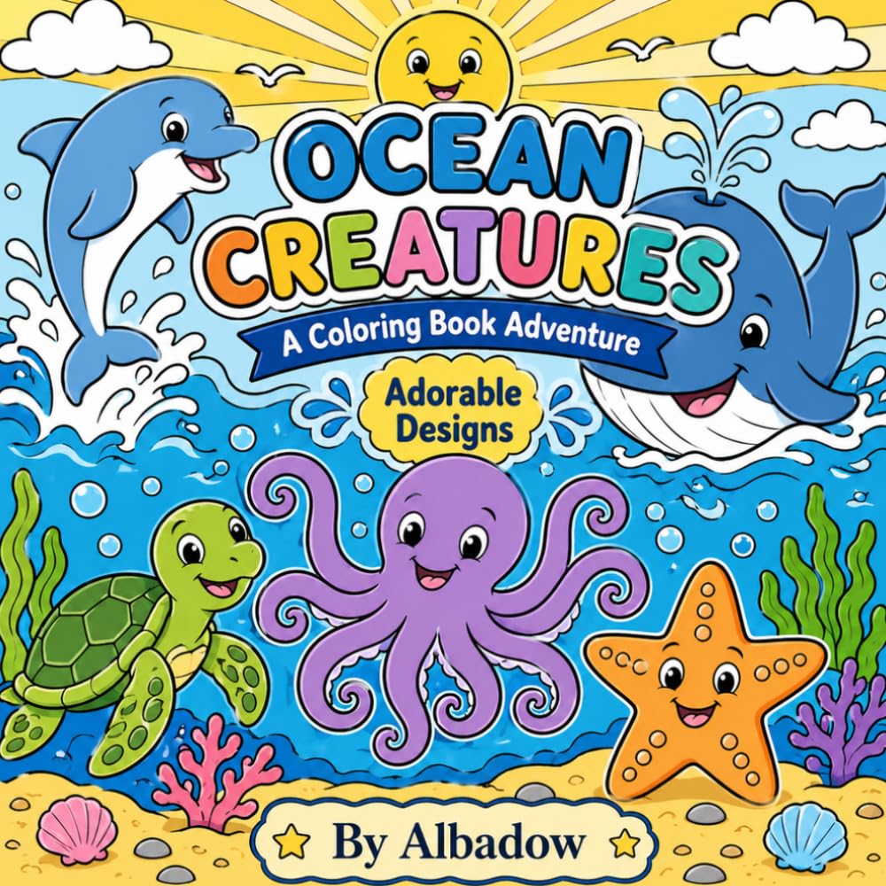 Ocean Creatures Coloring Book: Fun Sea Animals for Kids: Dolphin, Whale, Octopus & More - Black and White Coloring Pages for Children