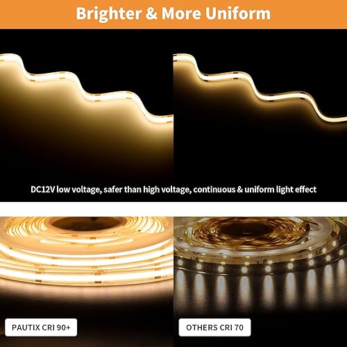 Miniatura 5 de PAUTIX COB - Tira LED de 12 V, 3000 K, IP65, blanco cálido, 18 pies/18.0 ft, súper brillante, CRI90+, cinta de luz LED flexible para gabinete,