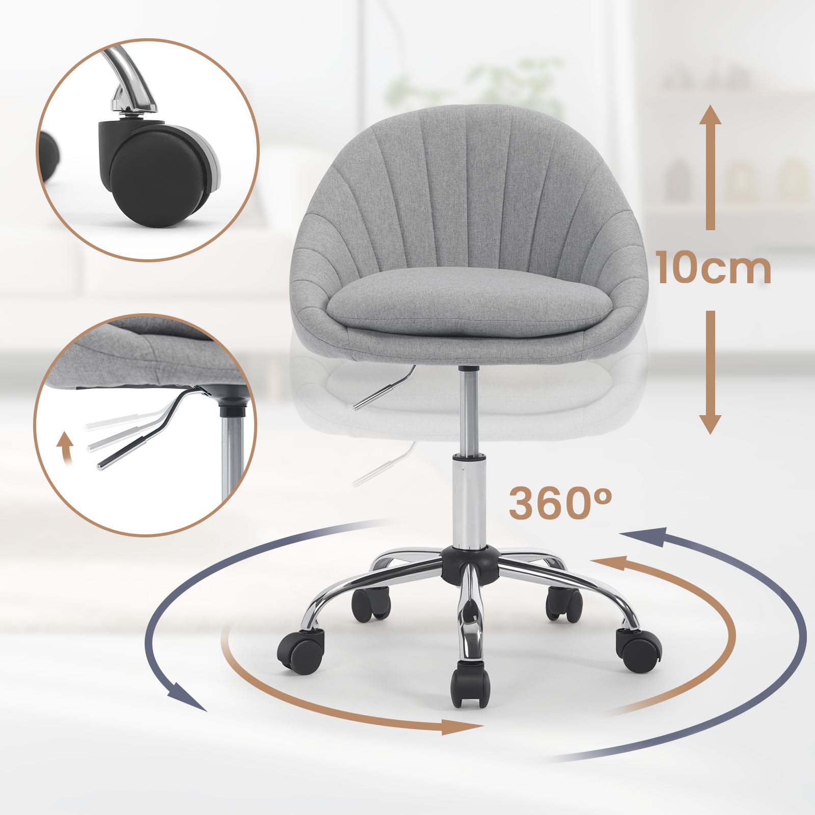 WOLTU Homeoffice Stuhl, Schminkstuhl, Schreibtischstuhl Grau, Leinen | Dicke bequeme Doppelpolsterung, Schaumstoffpolsterung, Drehstuhl mit Rollen, 150 kg, für Arbeitszimmer Schlafzimmer