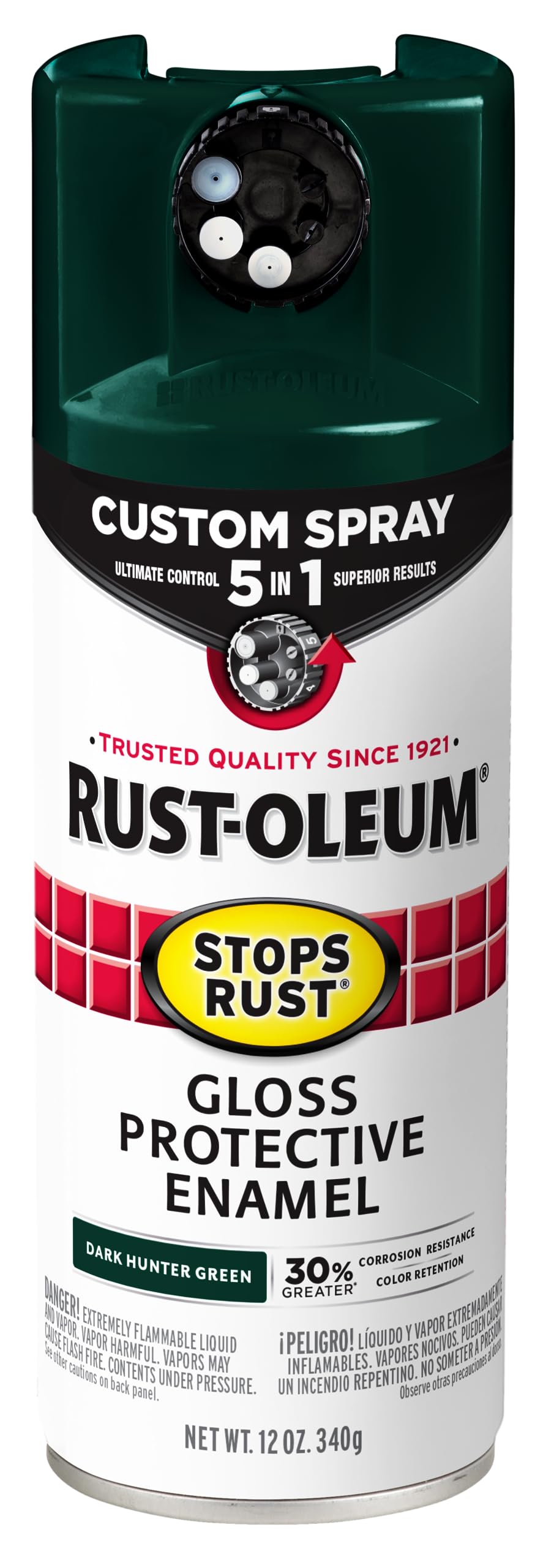 Rust-Oleum 376902 Stops Rust Custom Spray 5-in-1 Spray Paint, 12 oz, Gloss Dark Hunter Green, (Pack of 1)