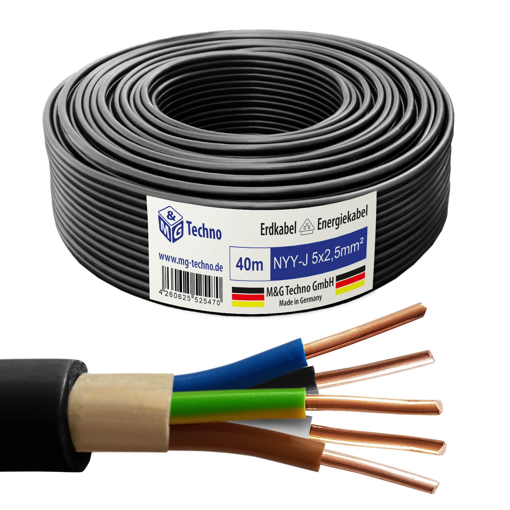 M&G Techno 40m NYY-J 5x2,5 mm² Erdkabel Elektrokabel Beton und Freien Kupfer Made in Germany