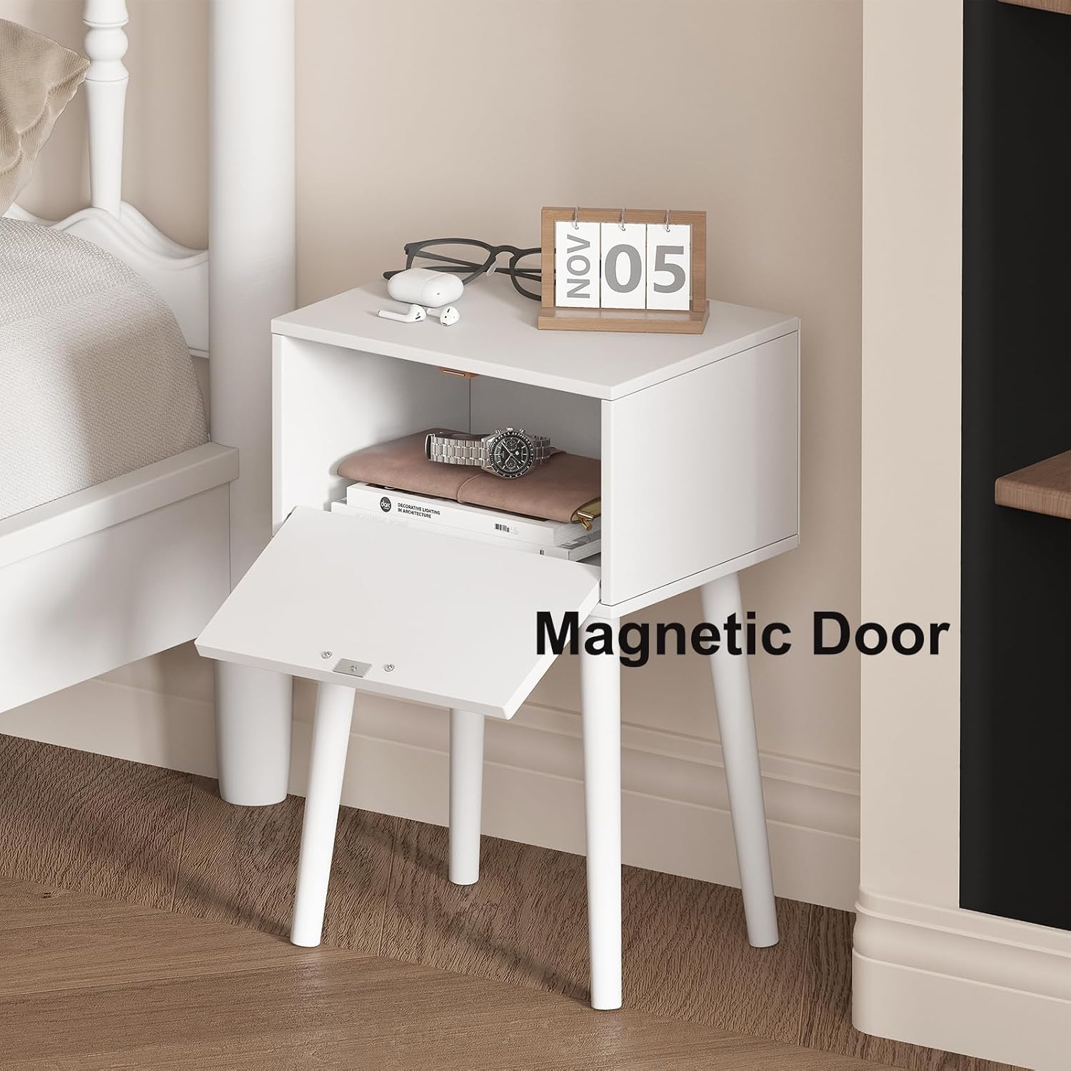 LAATOOREE Mid-Century Nightstand with its arch door open, revealing internal storage