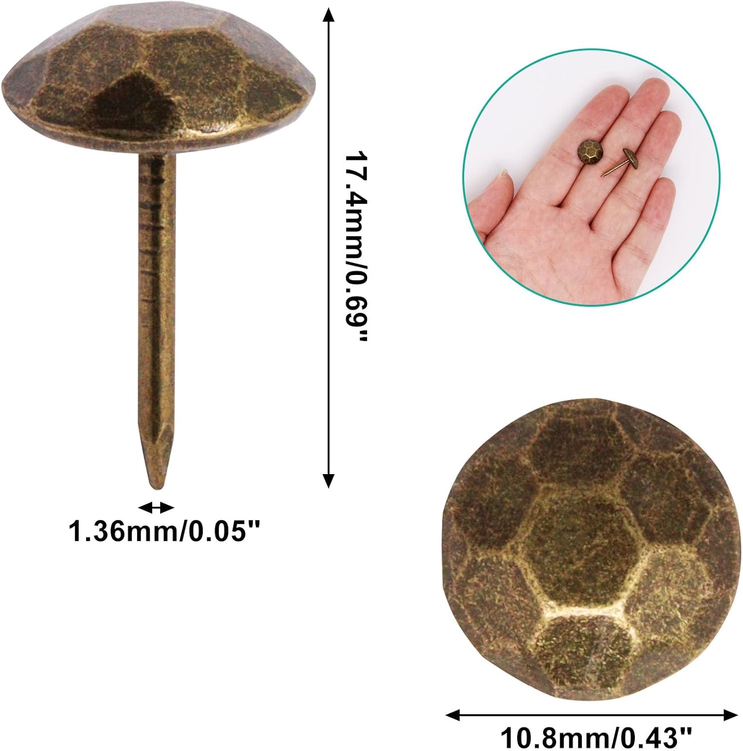 100pcs Upholstery Tacks, Metal Upholstery Nails for Wood Unique Decorative Nails Thumb Tacks Upholstery Pins Vintage Furniture Tacks Upholstery Nails (11x17mm, Retro Bronze)