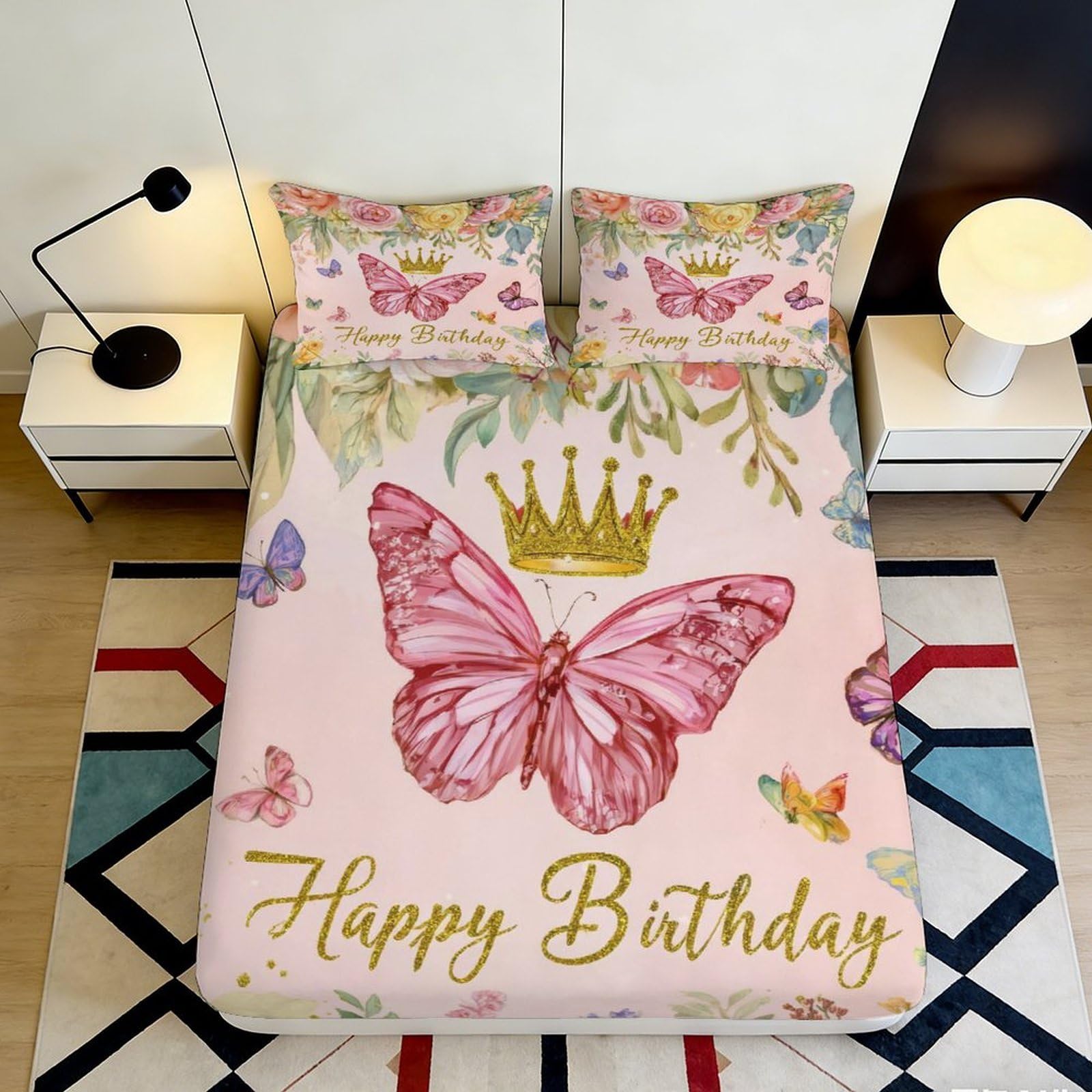 Pnayamiorkfel Style-5 3D Printed Pink Butterfly Crown Fitted Sheet Microfiber Bedroom Decor Mattress Cover Anti-Slip Machine Washable Dustproof For Home Guest Room 90X200x25cm