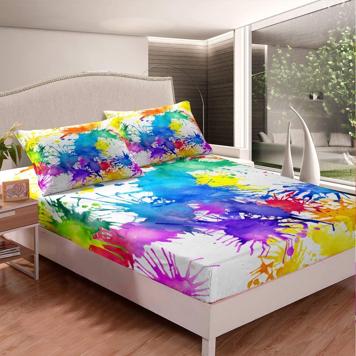 Tie Dye Bettlaken Set Hippie Tie Dye Spannbettlaken 90x200cm für Kinder Erwachsene Bunte Regenbogen Stil Spannbetttuch Mehrfarbig Abstrakte Kunst Raumdekoration 2St mit 1 Kissenbezug
