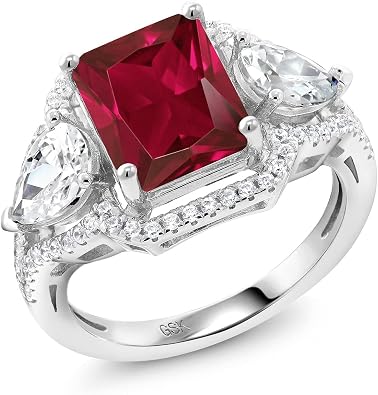 Gem Stone King 4.59 Cttw Red Created Ruby 3-Stone Ring For Women | 925 Sterling Silver | Emerald Cut 10X8MM | Wedding Engagement Anniversary Promise Ring | Available In Size 5, 6, 7, 8, 9