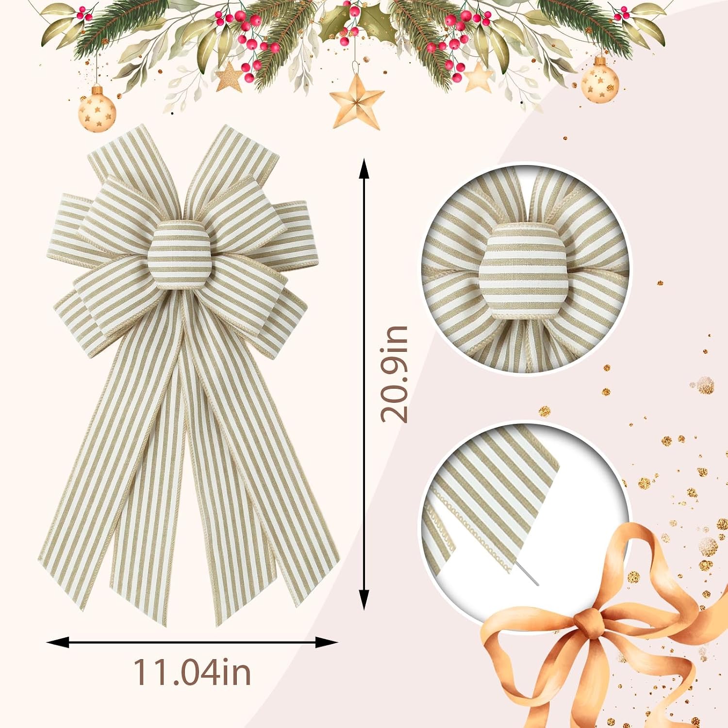 Natural Stripes Wreath Bows for Front Door, Khaki Stripes Burlap Ribbon Bowknot Farmhouse Craft Bows Accessories for Wreath Tree Home Decorations