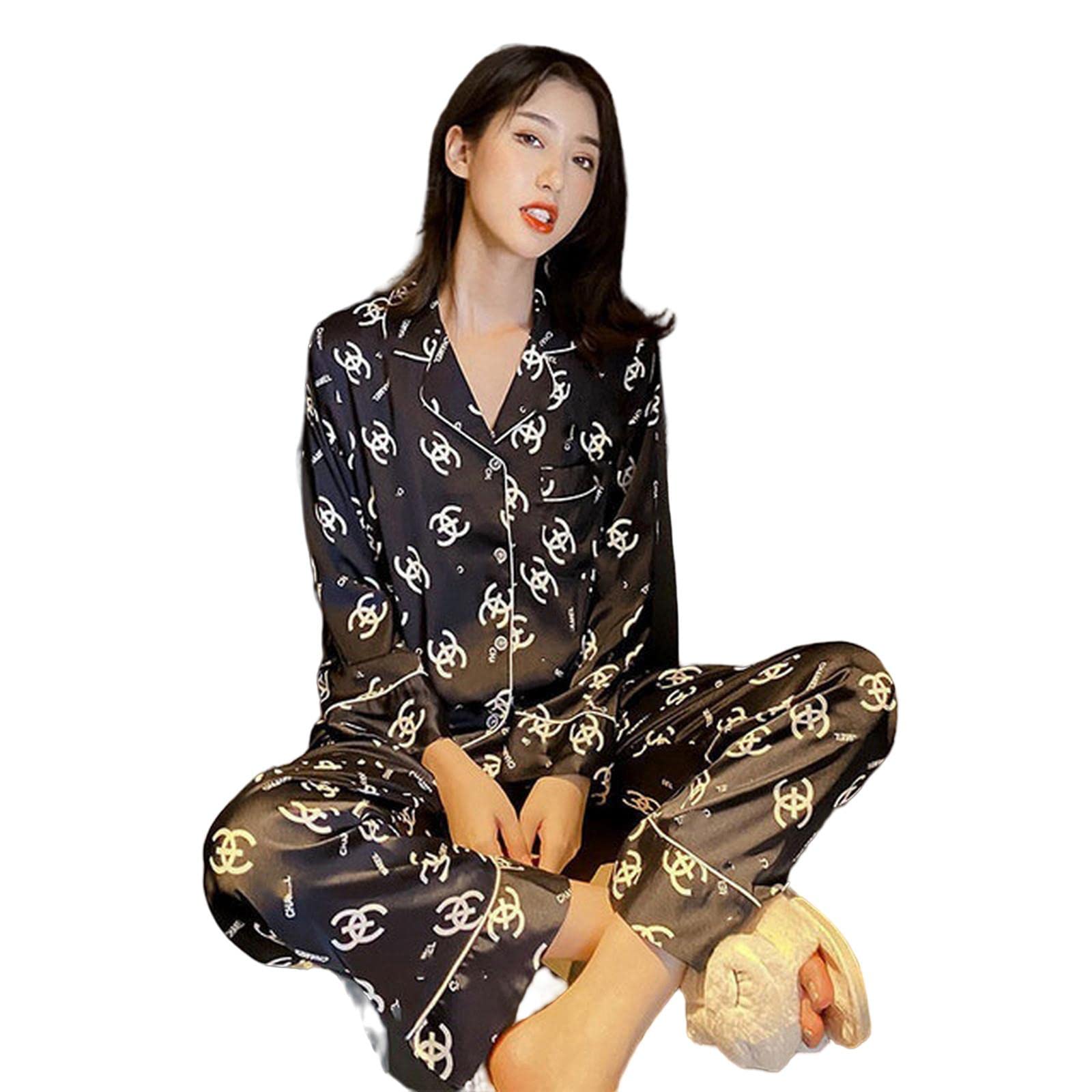MOGSA Pyjama pour femme - Col en V - Lettre imprimée - Vêtements de nuit en soie - Vêtements de nuit XXL - Grande taille - Dl9903, L