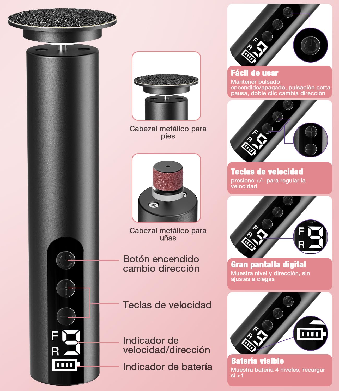 POFIBO Lima Electrica Pies Durezas - Pedicura Profesional Para Pies 2 EN 1 para Pies con Pantalla LCD y 9 Niveles, Set de Pedicura Removedor de Callos para Pieles Muertas, Duras y Agrietadas