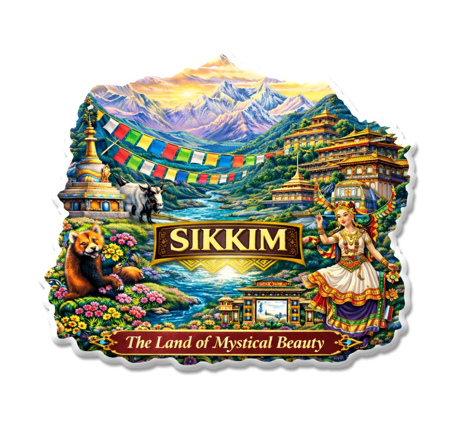 PRINTNX Indian State Sikkim Theme Souvenir Wooden Fridge Magnet for Refrigerator | Multicolor Decorative Magnet | Travel Souvenir & Home Kitchen Décor Gift | Set of 1