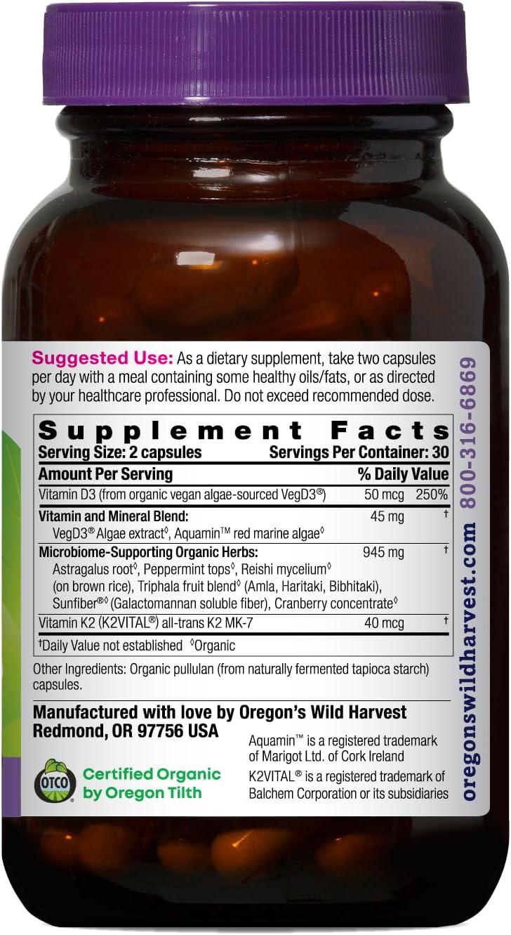 Oregon’s Wild Harvest Organic Vitamin D3 & K2 – Bone, Immune & Muscle Health Support – Vegan Capsules with Microbiome-Supporting Herbs, Aquamin® Trace Minerals, USDA Organic, 60 Ct