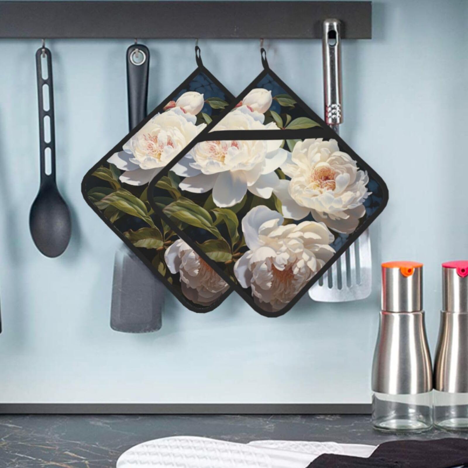 2 Pcs Pot Holders for Kitchen Heat Resistant Cotton Potholers White Peony Oven Hot Pads for Microwave Cooking Baking BBQ