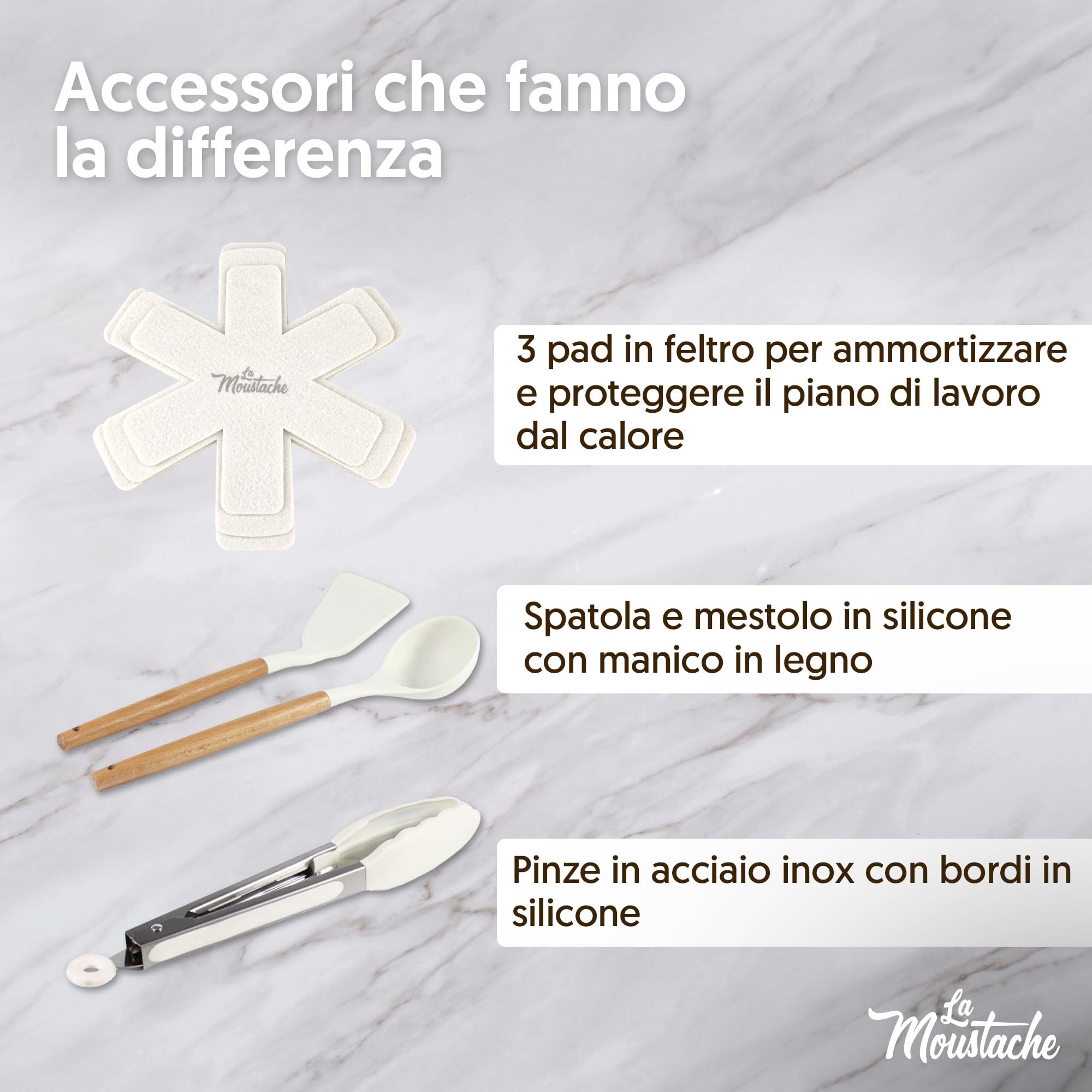 La Moustache - Set di Pentole e Padelle Antiaderenti 14 Pezzi (Latte) | 2 Padelle, 3 Pentole, 3 Coperchi con Sfiato, 3 Utensili e 3 Salvapadelle, Induzione, Gas, Lavaggio a Mano, senza PFOA e PFAS