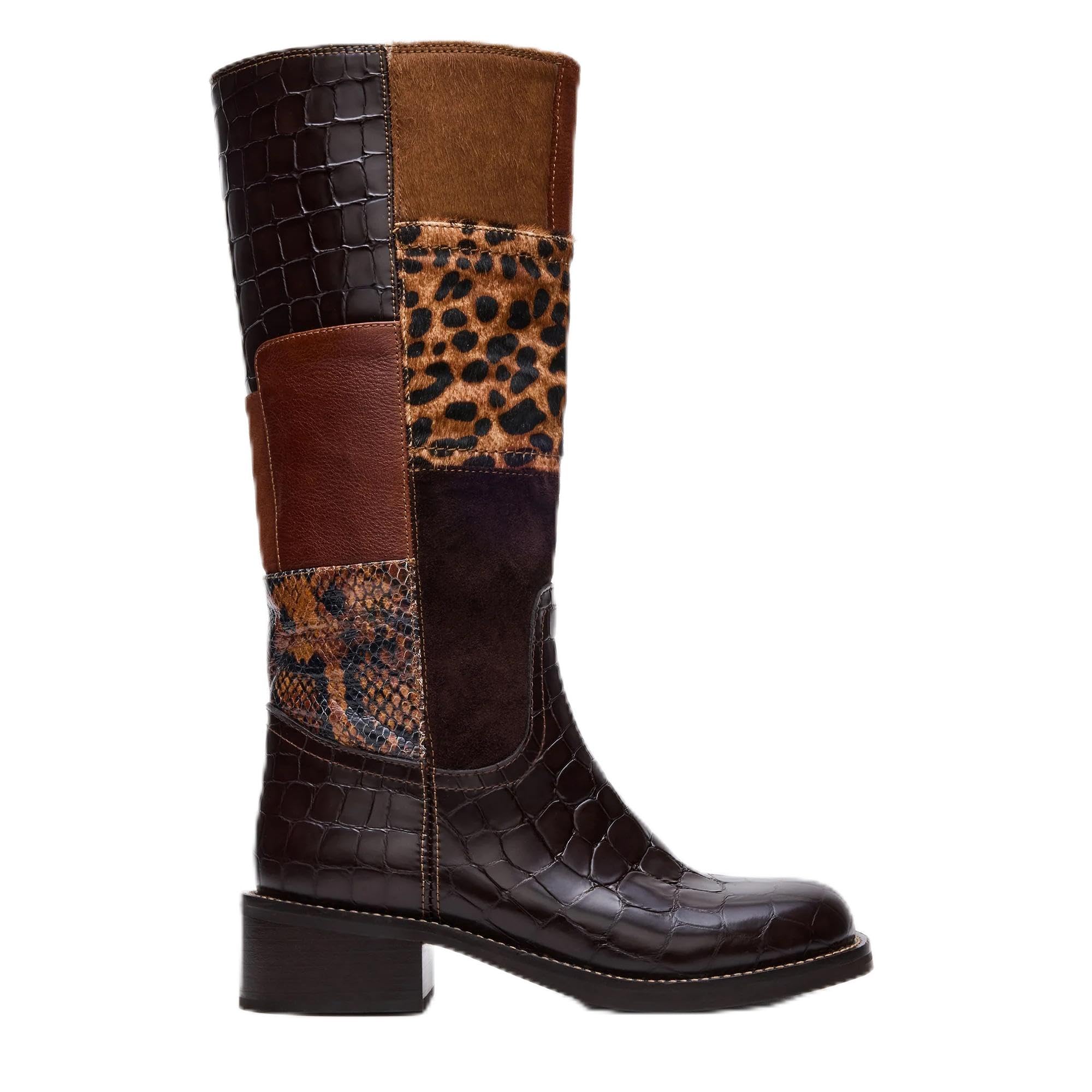 Stylish Mid-Calf Womens Boots - Croc Leopard Snake PU Patterns Slip-On Round Toe with Low Block Heel -