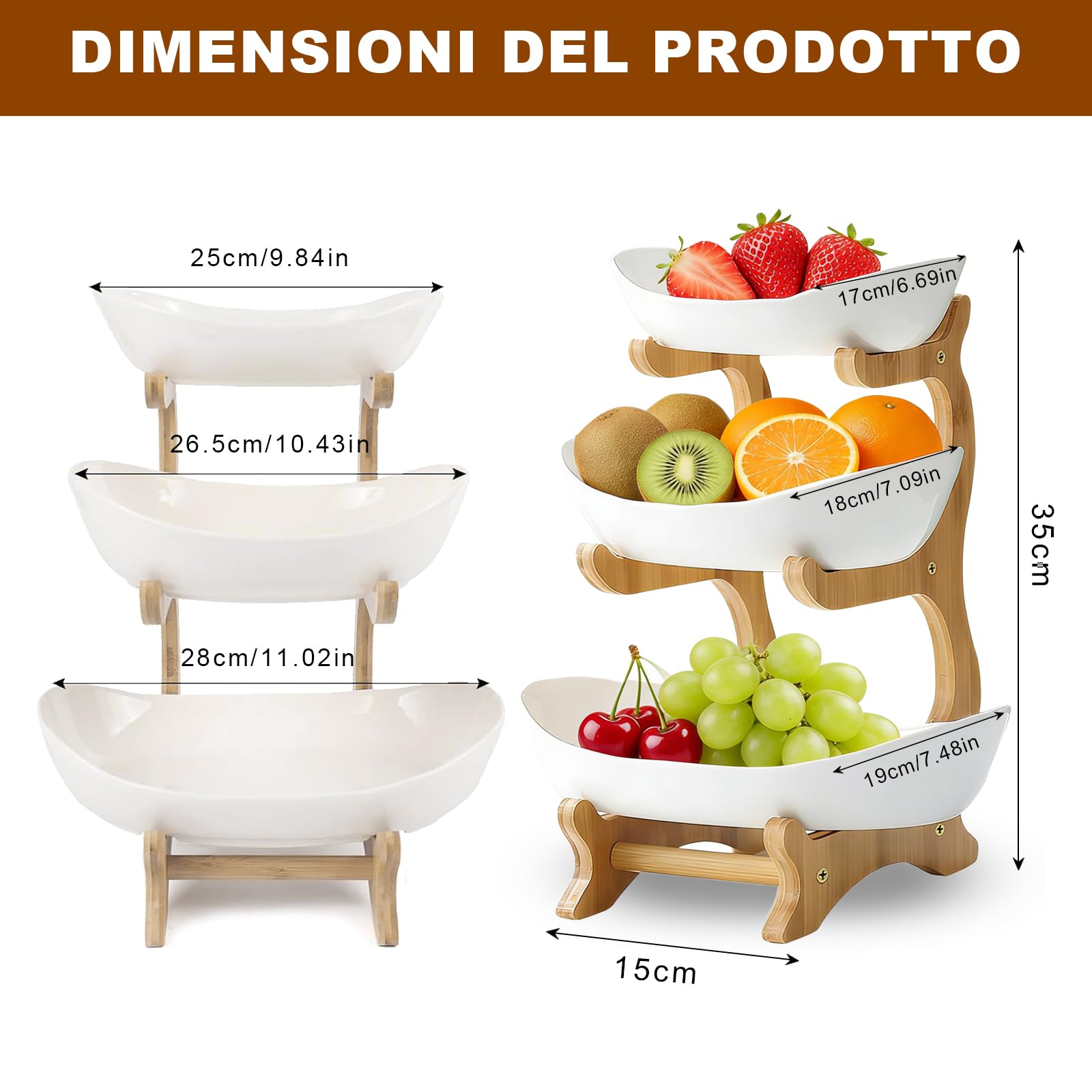 Plastica a 3 Livelli Piano, Portafrutta a Ripiani con Supporto Telaio in Legno Naturale, Porta Frutta da Tavolo Verdura per Cibo, Verdure, Torte