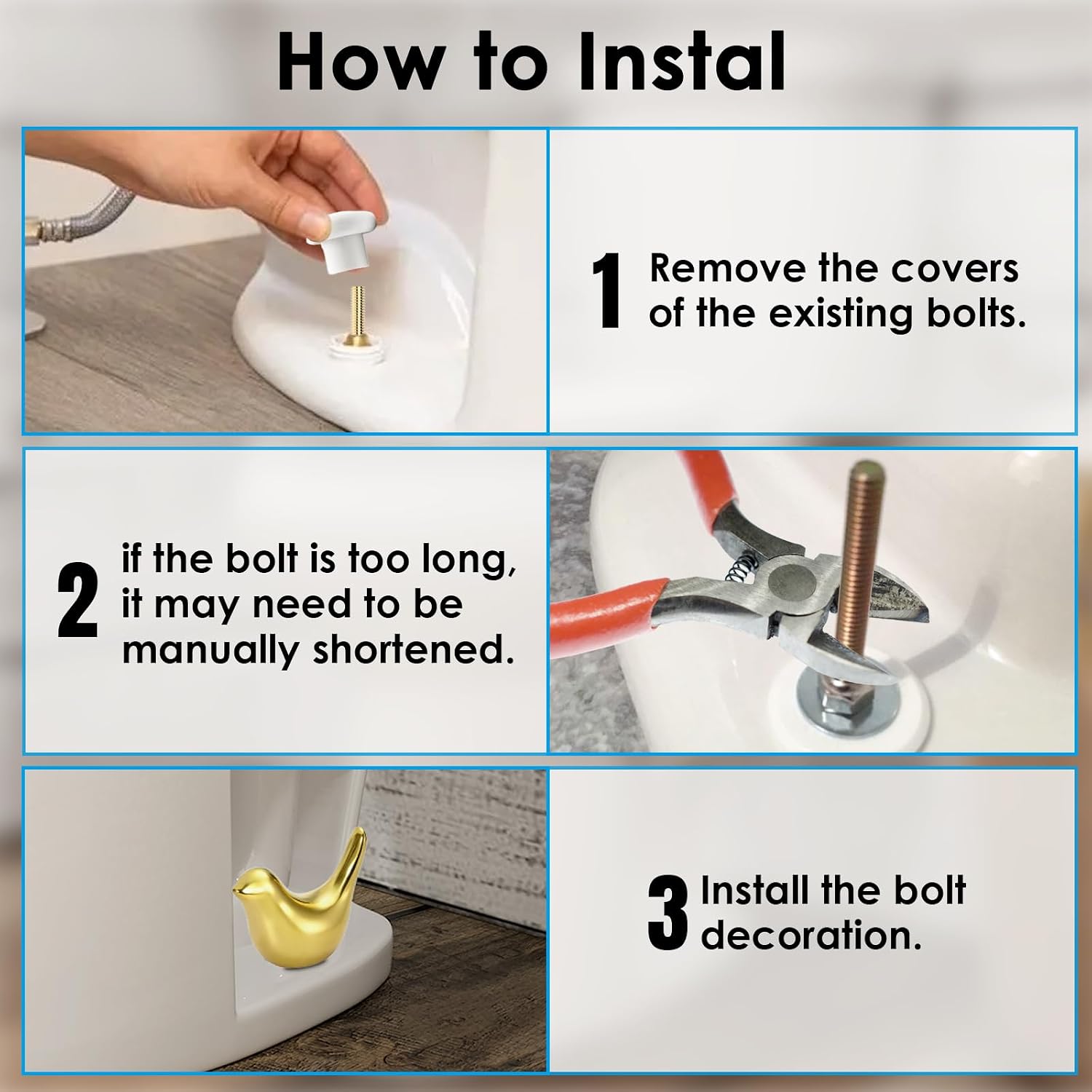 2 PCS Ceramic Gold Birds Toilet Bolt Caps & 4 PCS Universal White Toilet Bolt Covers | , Decorative Toilet Caps for Bottom of Toilet, Animals Home Bathroom Decor for Easy installation Avoid Rusting