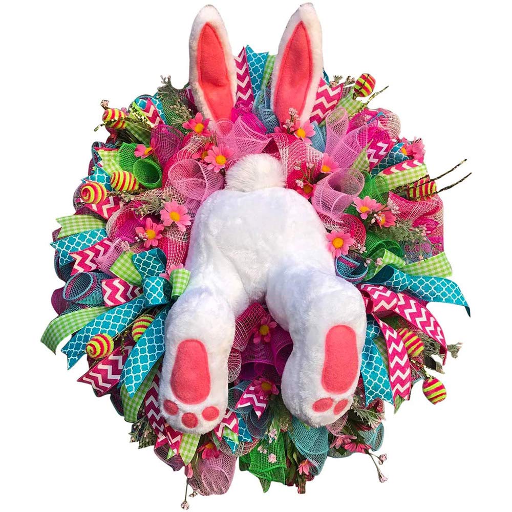 SAPU Easter Rabbit Wreath Decor for Front Door,Easter Rabbit Front Door Wreath, Easter Thief Bunny Butt with Ears, Rabbit Shape Garland Wall Decor Easter Decorations (Pink)