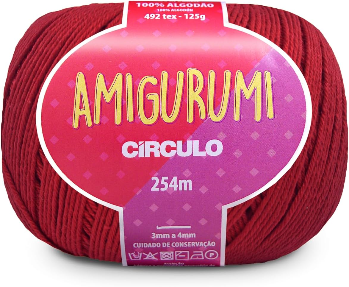 CÍRCULOAmigurumi Yarn, 100% Mercerized Brazilian Virgin Cotton - Cotton Yarn for Crocheting and Knitting, Soft Yarn, Yarn Art - Sport Weight Yarn, 4.4 oz, 278 yds - Color 3402 - Red
