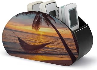 Coconut Beach Sunset Hammock Remote Control Holder with 5 Compartments PU Leather Remote Caddy Makeup Brush Holder Desktop Organizer Store TV DVD Media Player Heater Controllers
