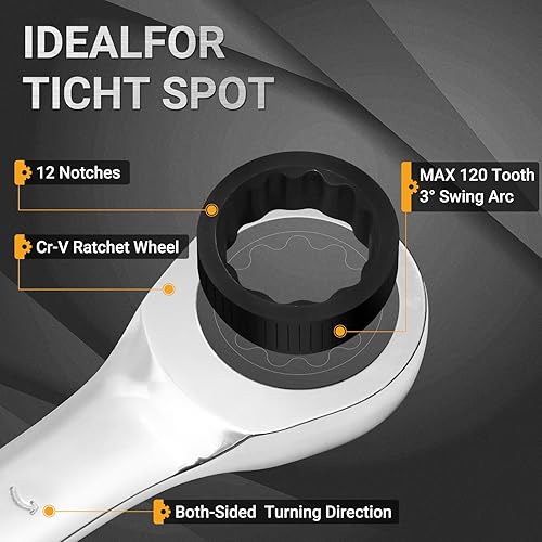 Miniatura 6 de Juego de llaves de trinquete de 16 piezas, juego de llaves combinadas, con organizador, MMmétrica Max 120 dientes Cromo Vanadio Llave combinada