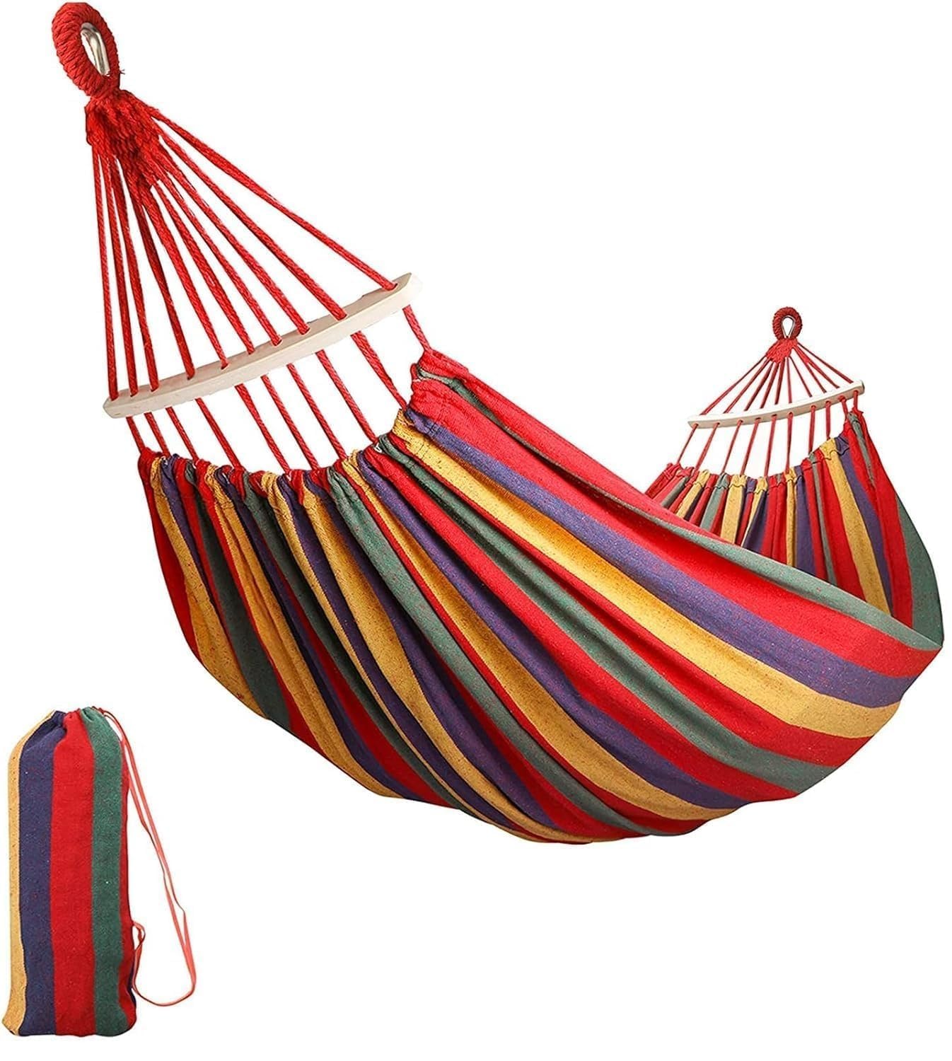 Wooden bar Hammock Swing Red 2 Person Wooden Swing Size- 200 x 150 cm | 2-Person Capacity, Portable Carry Bag, Rainbow Stripe Design, Indoor & Outdoor Use, 155cm Wide Bed-image-0
