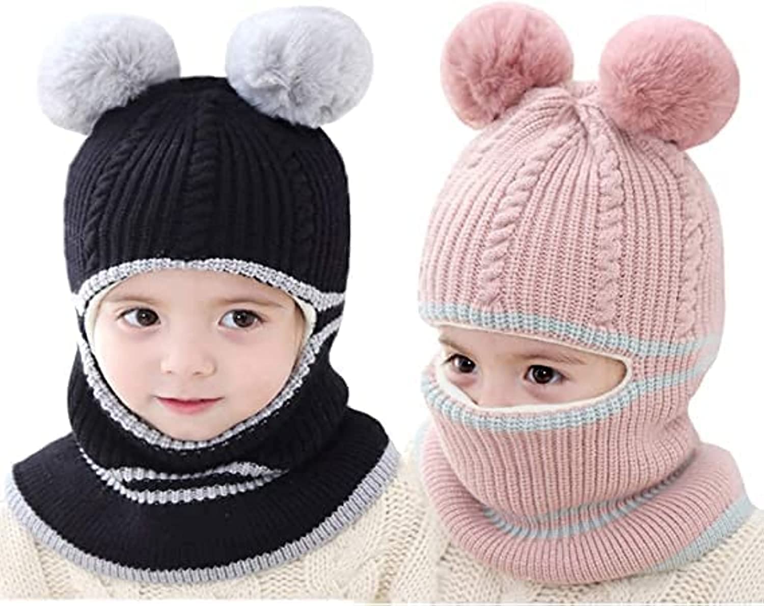 Kids Winter Hat, 2 Pieces Fleece Lined Baby Winter Hat, Toddler Beanie with Double Pom Pom Ears Winter Cable Knitted Cap for Boys Girls Cold Weather, for 1-5-Year-Old Boys Girls, Kids Winter Warm