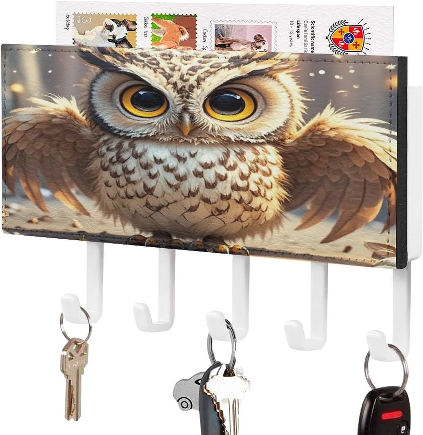 Key Holder Wall Mount Key Hanger with 5 Hooks, Decorative Key Rack | Cute Owl Hanging Key Hooks with Mail Organizer for Wall Living Room Kitchen Bathroom Hallway