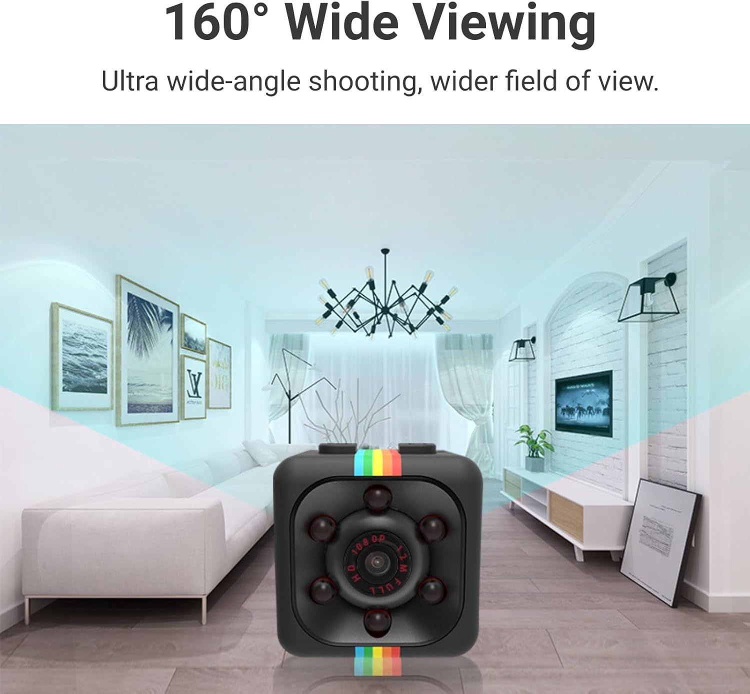 Image showing the 160 degree wide viewing angle of the SQ11 Mini Camera in a living room setting.