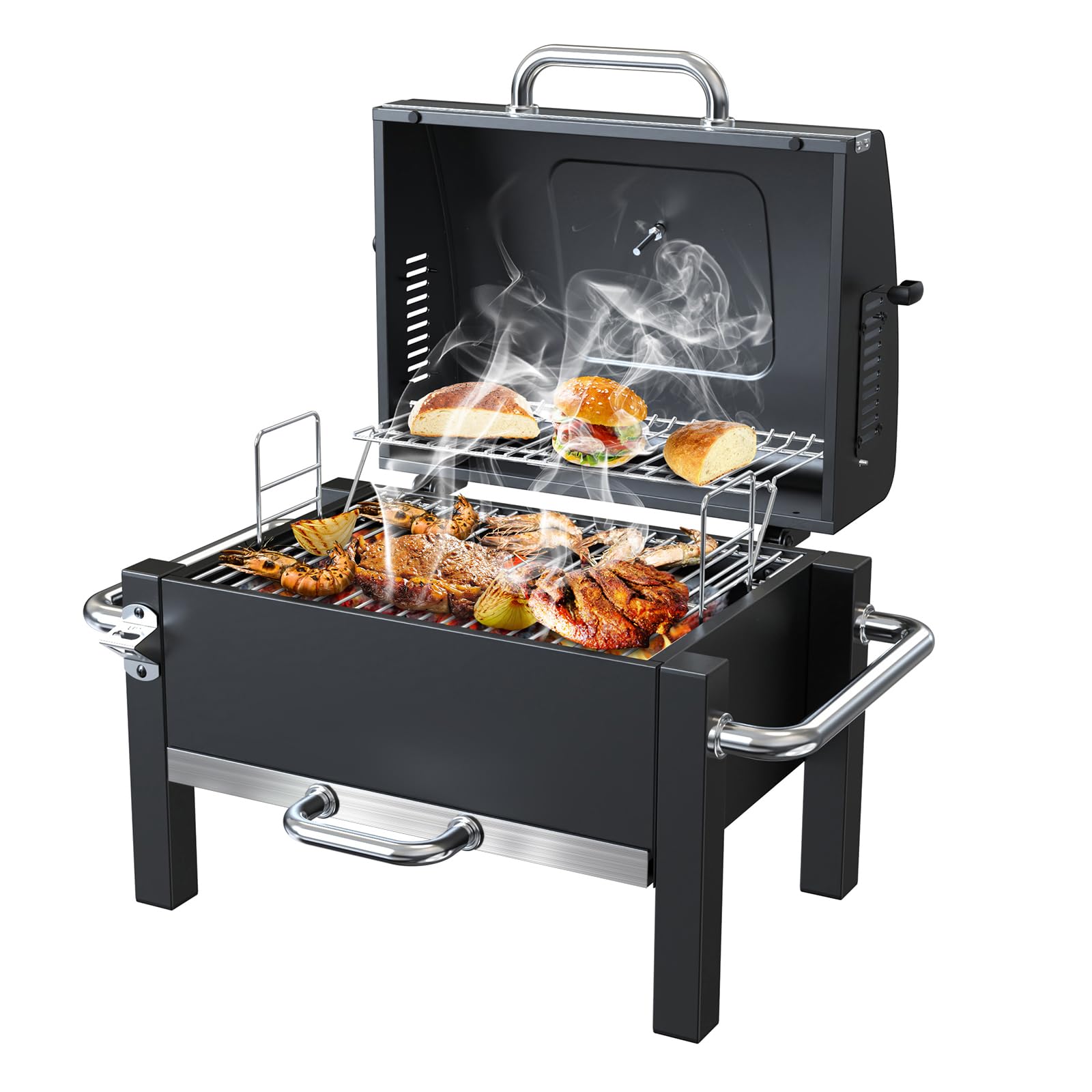 Portable Charcoal Grill with Warming Rack, Tabletop Charcoal Grill, Small BBQ Grill with Thermometer(100-800°F), Outdoor Charcoal Smoker for Camping, Picnic, Hiking, Beach and Travel Black-a
