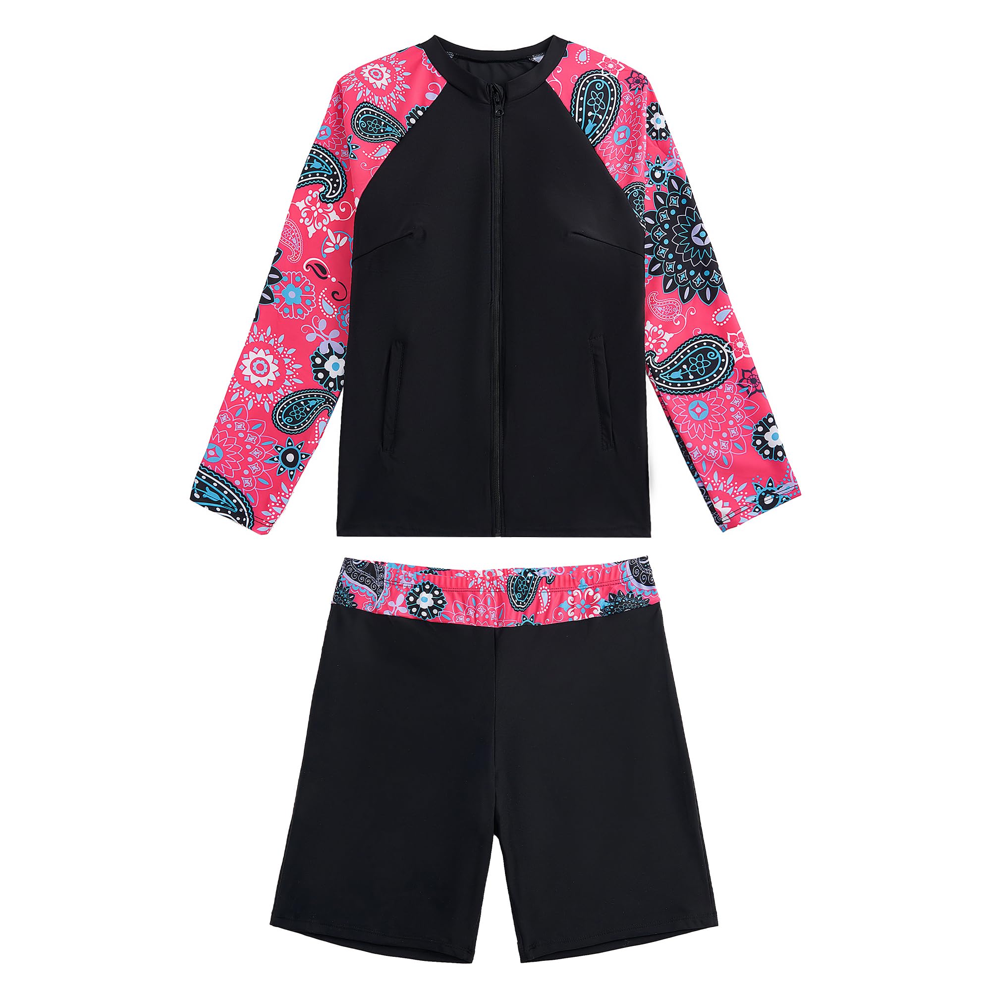 Owntop Maillot de bain 2 pièces UPF 50+ à manches longues avec fermeture éclair et short taille haute pour femme Natation Surf