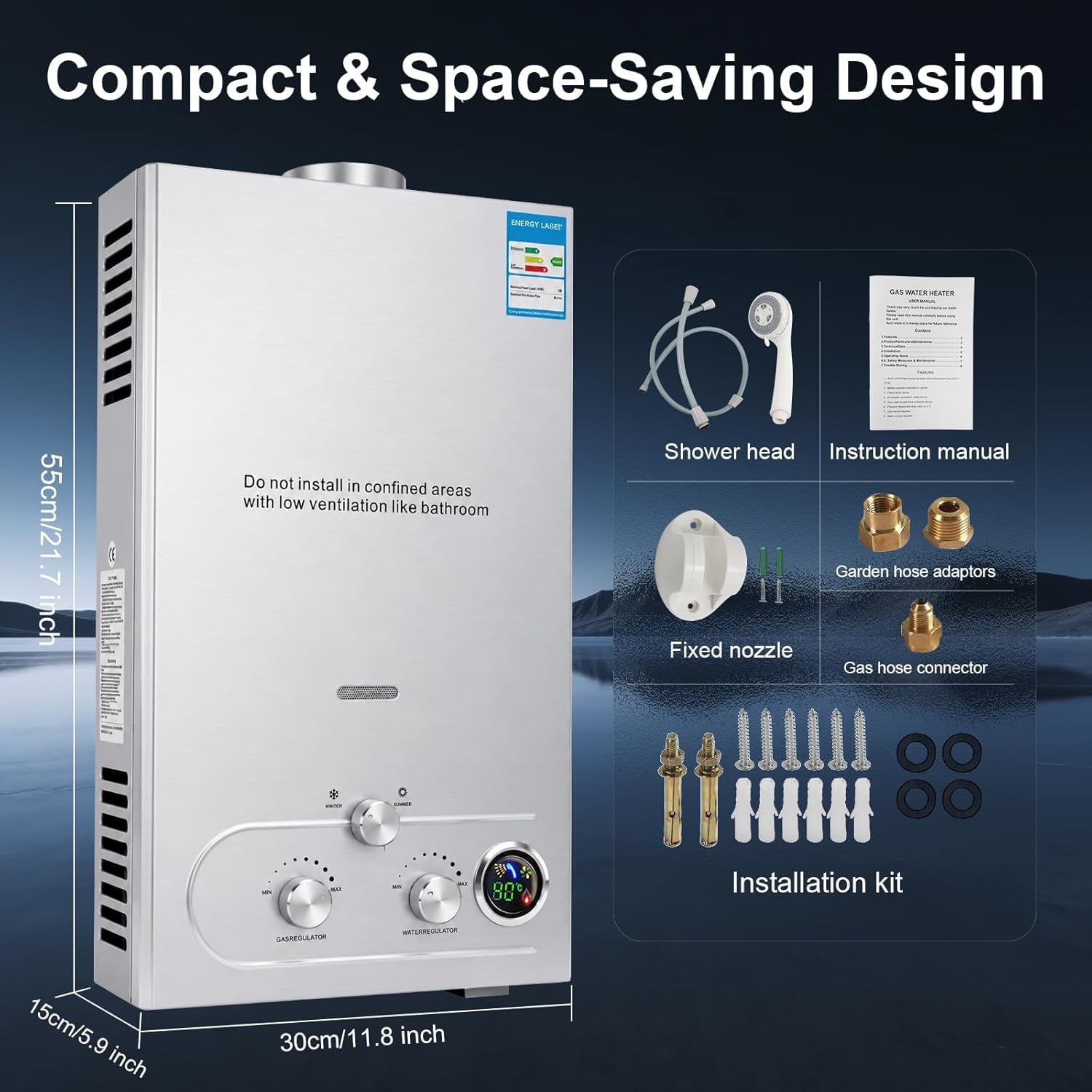 12L GPL Scaldacqua a Gas Liquefatto,Uscita Dell'acqua Calda 12 L/min,24KW Shower Water Heater Gas Bagno Riscaldatore di Acqua Calda di Induzione Riscaldatore Della Parete (12, Litri)