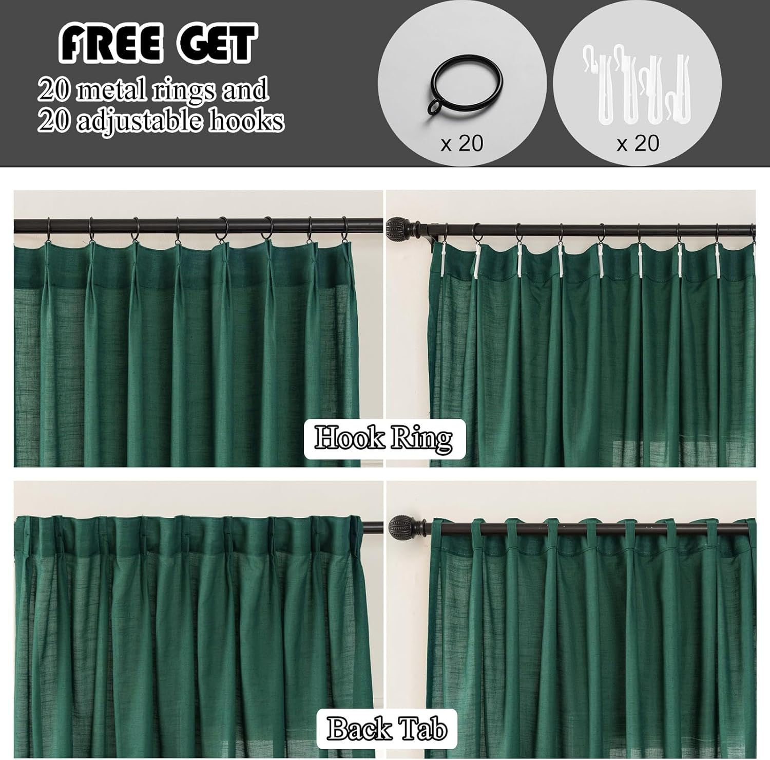 Emerald Green Linen Pinch Pleated Sliding Door Curtains Semi Sheer, Hunter Green Light Filtering Dining Room Curtains & Drapes 84 Inches Long, Dark Farmhouse Ceiling Window Curtain Panel