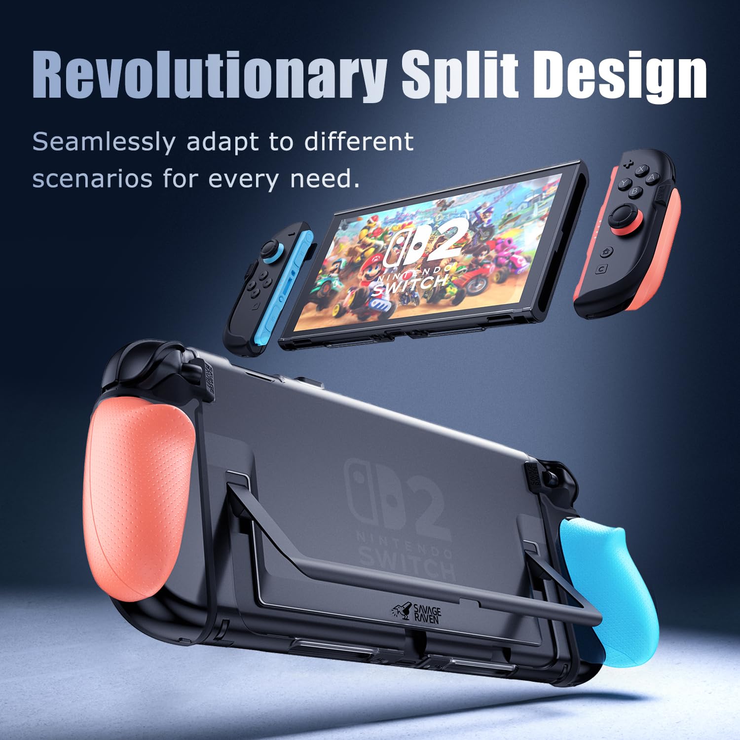Savage Raven by Skull & Co. FissionGrip: Dockable Split Protective Case for Nintendo Switch 2 (2025), Slim PC Shell with Detachable Grip Cover- Neon Blue & Red