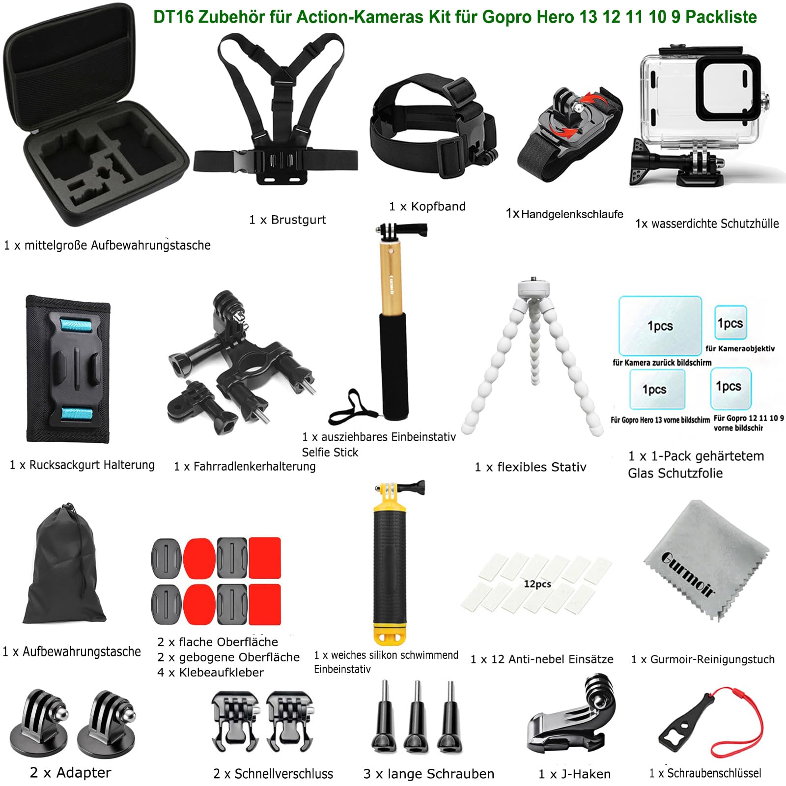 Actionkamera Zubehörset für Gopro Hero 13 12 11 10 9 Black Essentielles Actionkamera-Zubehörkit-Bündel für Gopro 13 12 11 10 9 (DT16)