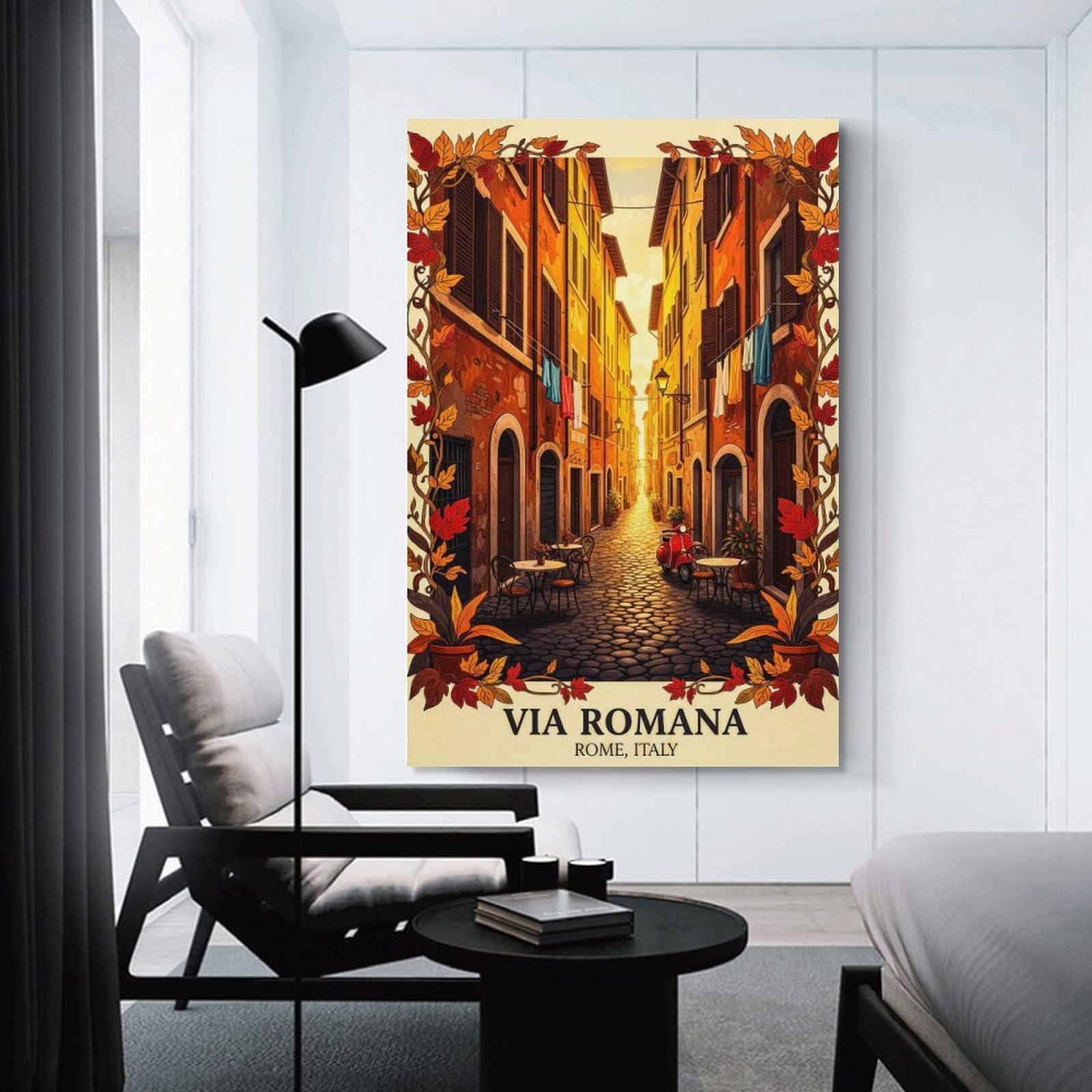 Junmoney Via Romana Rome Italy Autumn Canvas Wall Decor, 24x36inch(60x90cm), for Lounge Decor, Bedroom Walls Or Flats, Eye Catching Artwork for Blank Walls