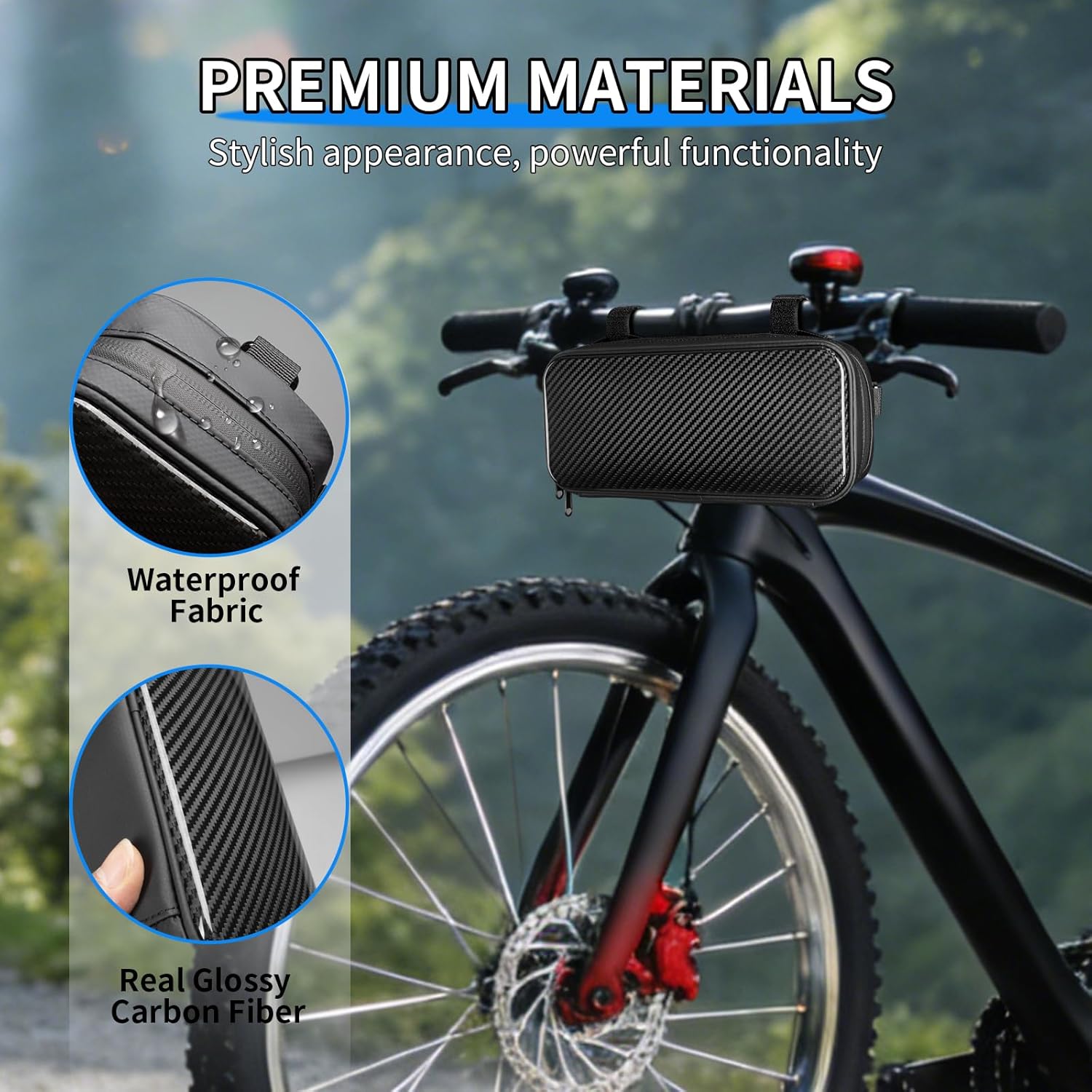 T-carbon Bike Handlebar Bag|Carbon Fibre Compact Bar Bag|Bike Handlebar Storage Pouch Pack with waterproof zip and adjustable straps compatible with Road and Mountain Bike|Glossy Black